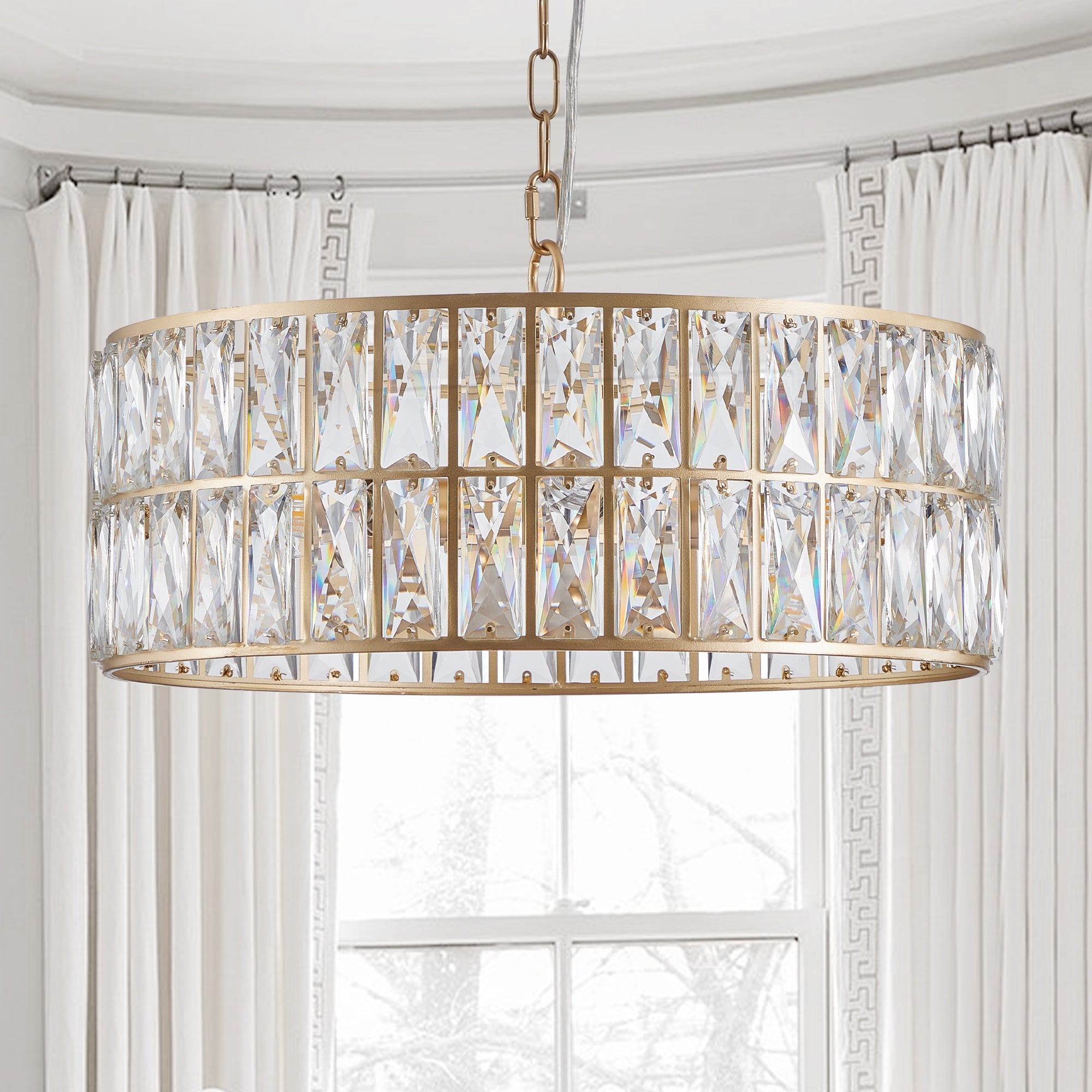 (L5025-450-G/W1340P189450)18' Golden Modern Crystal Drum Chandelier, 6-Light Pendant Lighting Fixture with Metal Frame for Living Room, Dining Room, and Bedroom (Bulbs Not Included)