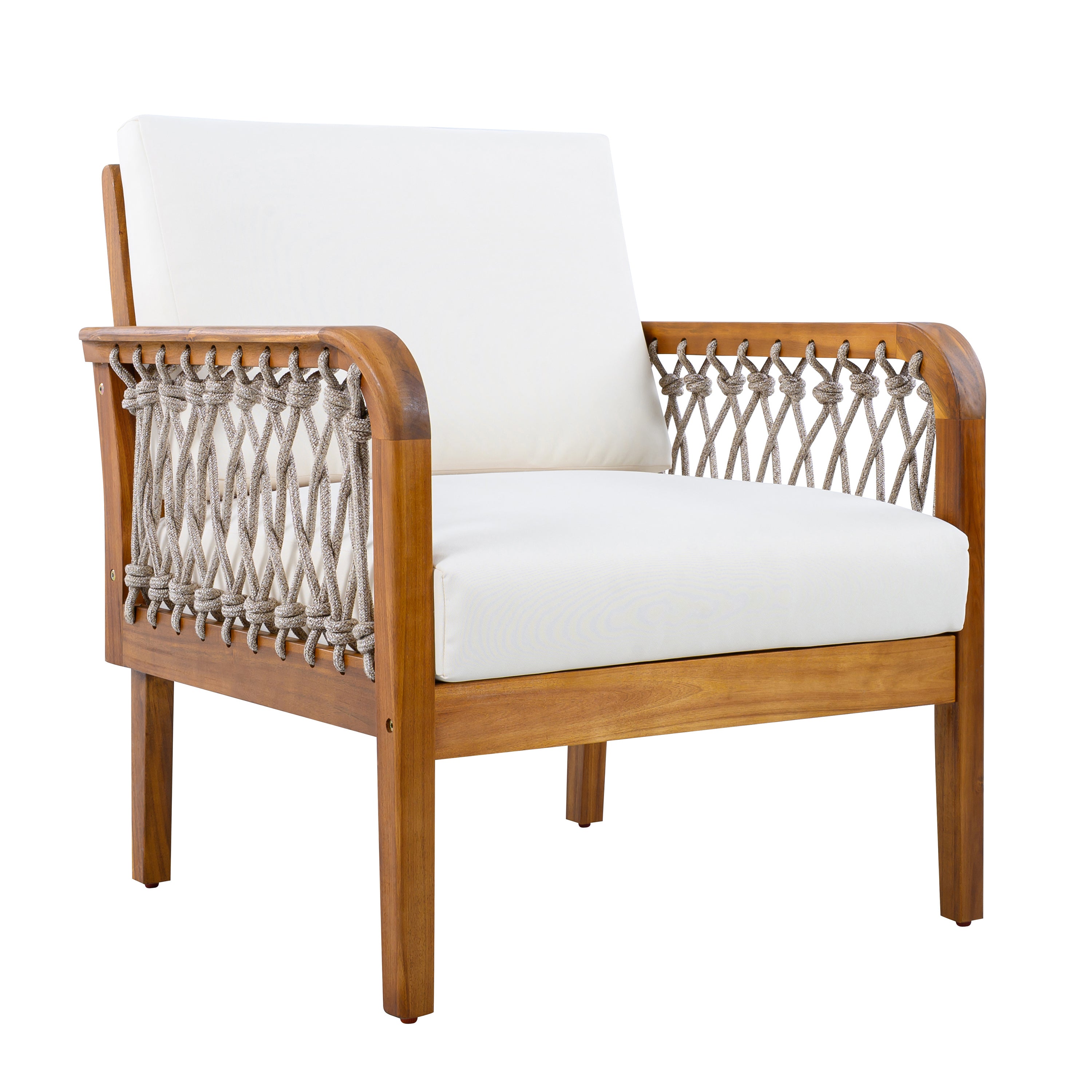Outdoor Acacia Wood Club Chair with Handwoven Rope, Teak Finish