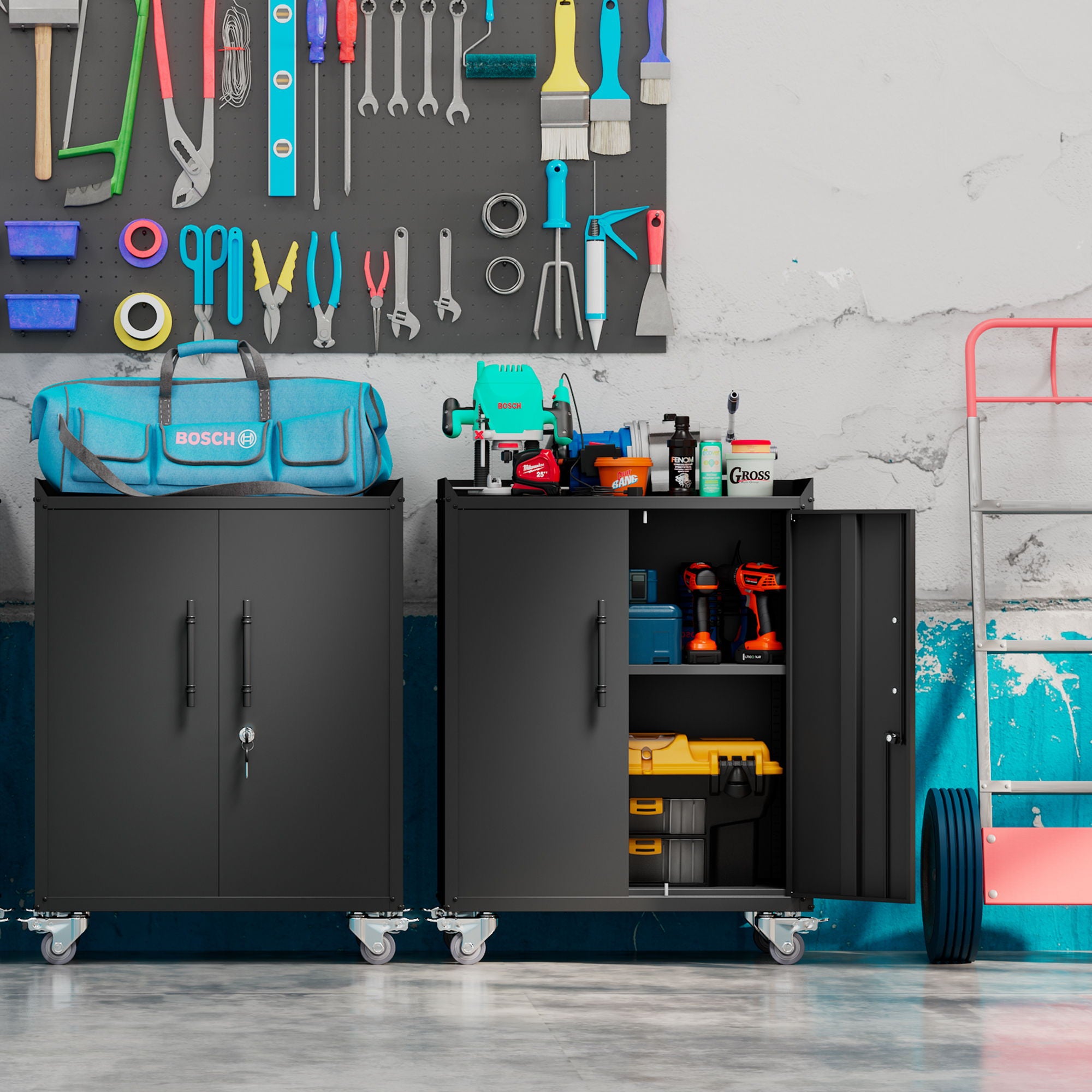 2 Door Tool Cabinets For Garage, Lockable Garage Storage Cabinet, Locking Storage Cabinet With Wheels, Rolling Tool Chest - Black