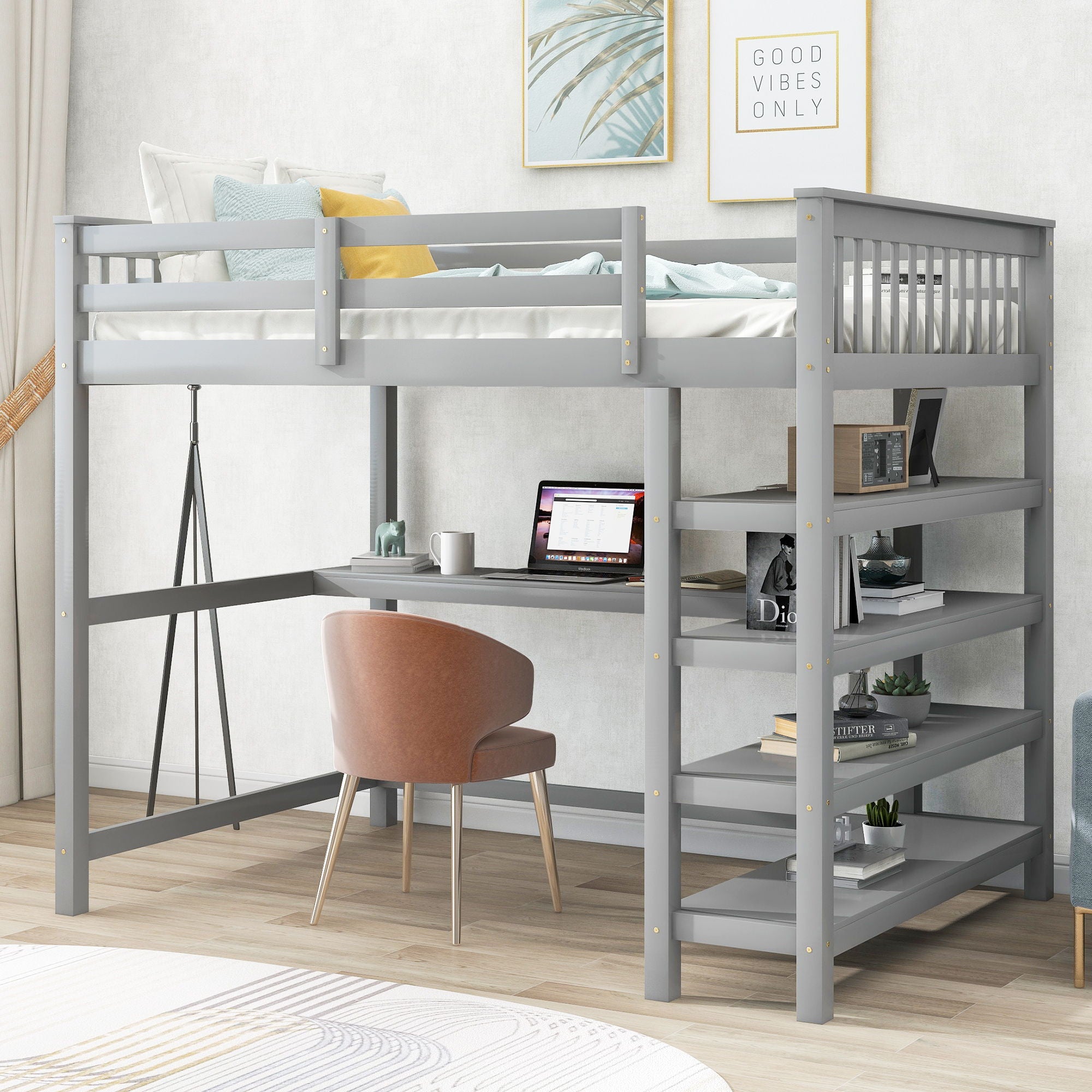 Loft Bed With Storage Shelves And Under Bed Desk