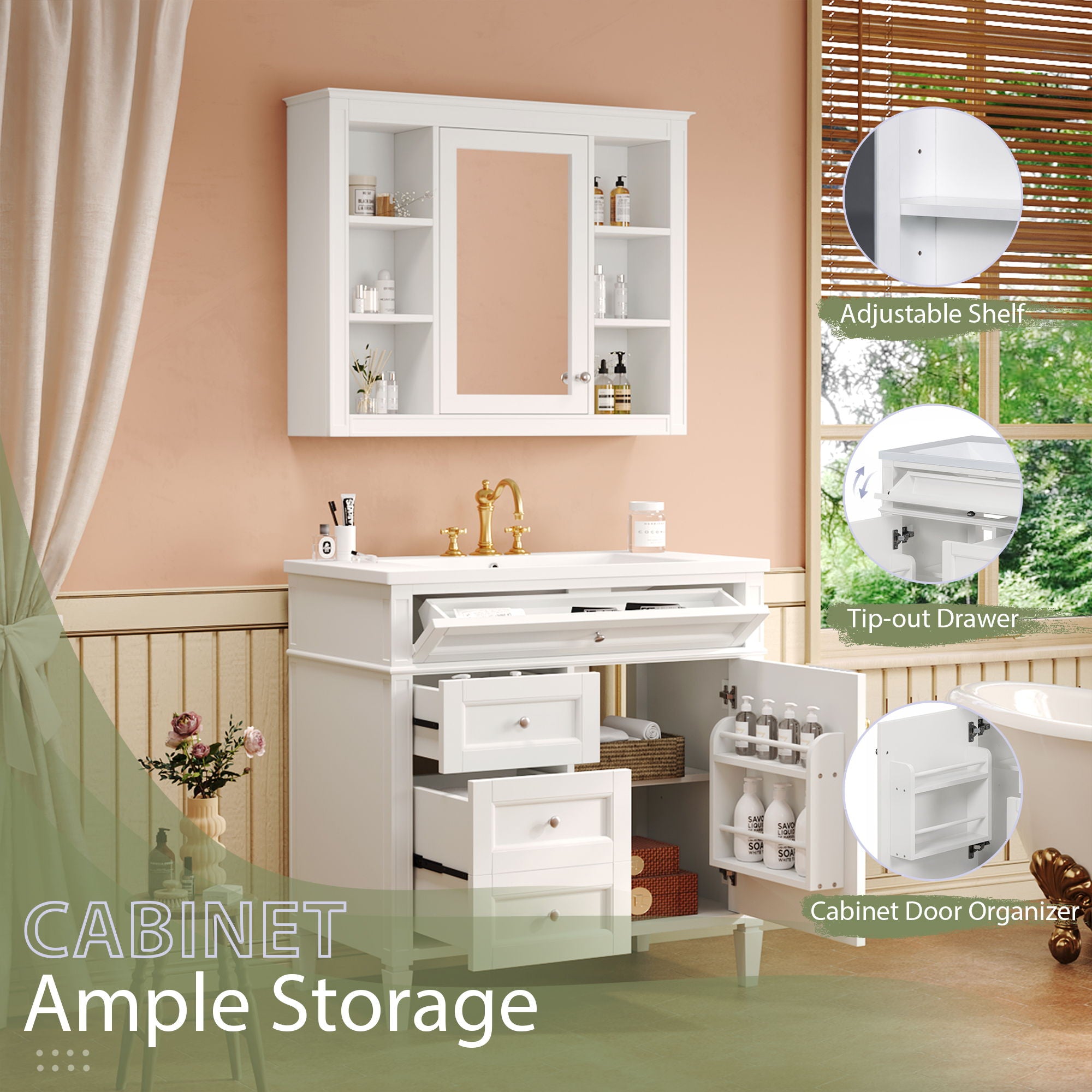 Bathroom Vanity With Mirror Cabinet, Storage Cabinet With 2 Soft Closing Doors And 4 Drawers, Undermount Sink