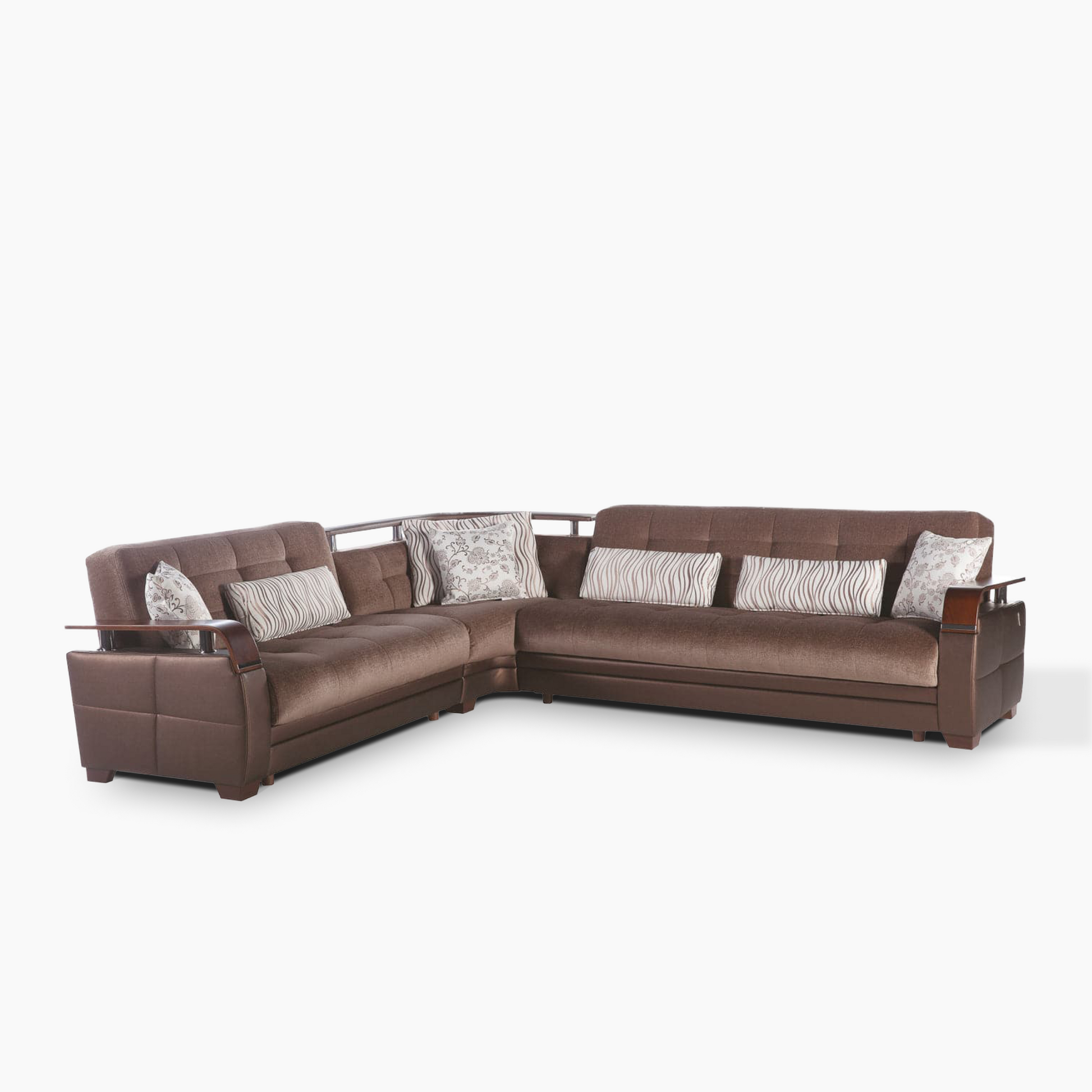 Bellona Natural sectional with raised wood armrests and chrome detailing