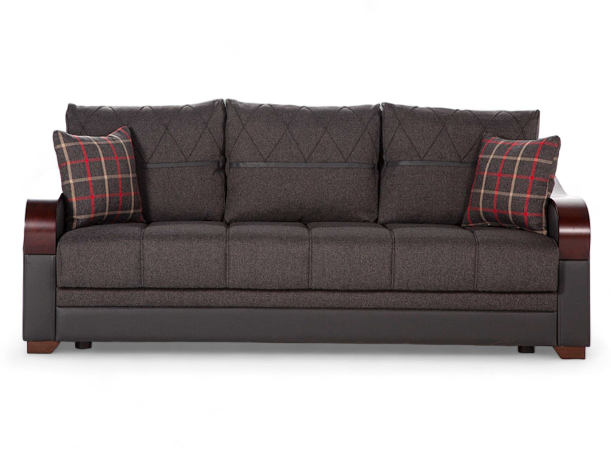 The Bennett Collection Sofa featuring diamond piping and a mix of leatherette and fabric upholstery.