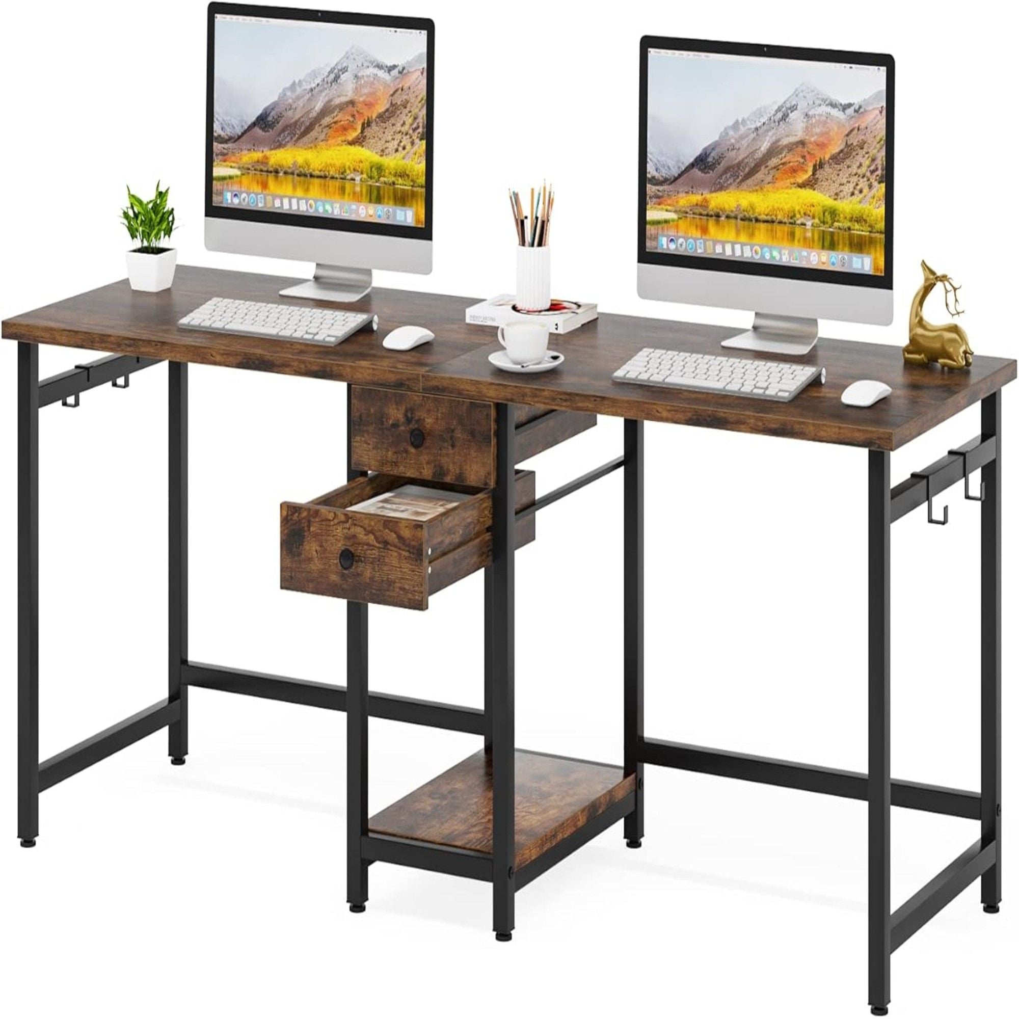 2 Person Computer Desk With Drawers And Shelves, Extra Long Double Workstation