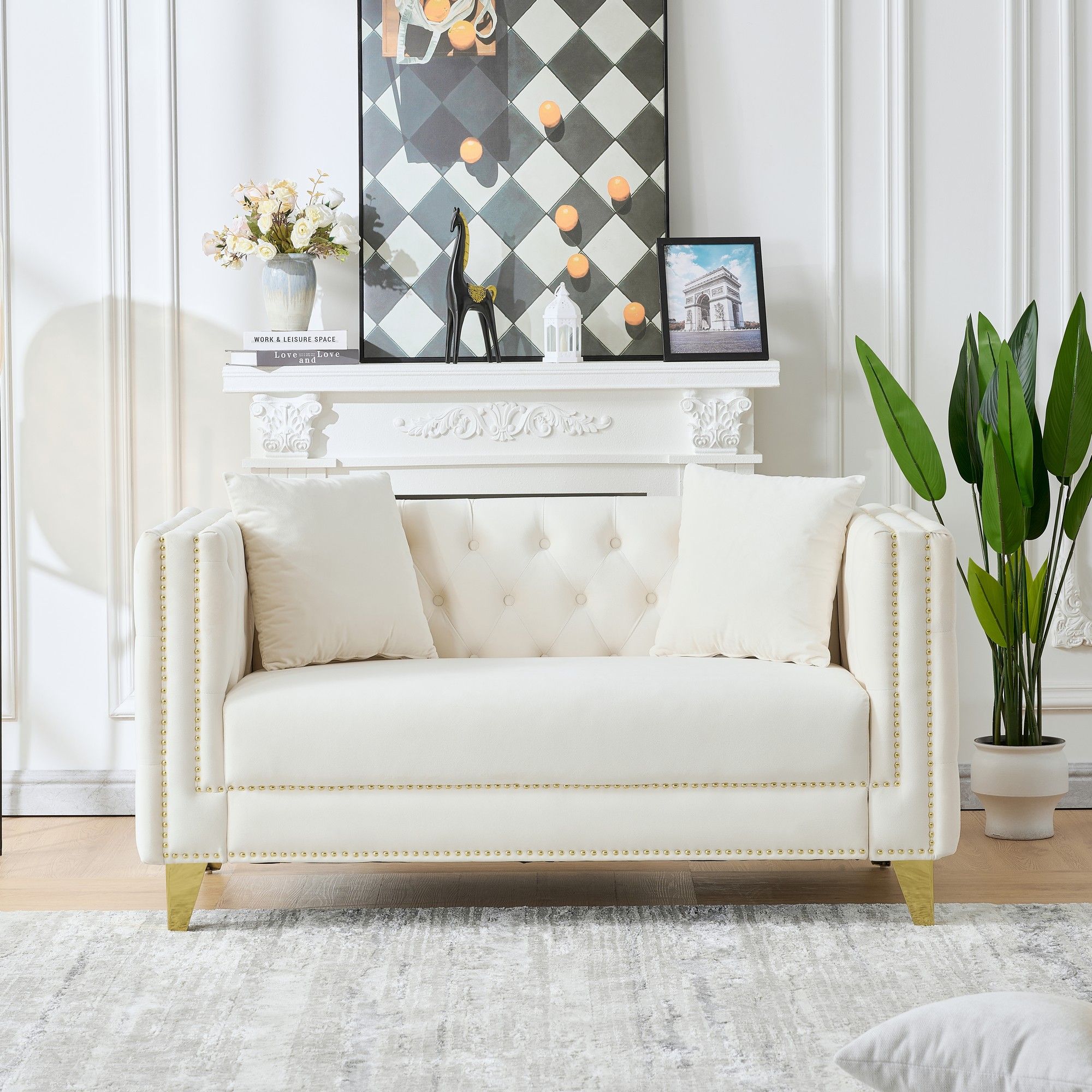 3 And 2 Seater Deep Seat Sofa With Button Nailhead, Square Arm Couches, Furniture For Living Room - Beige