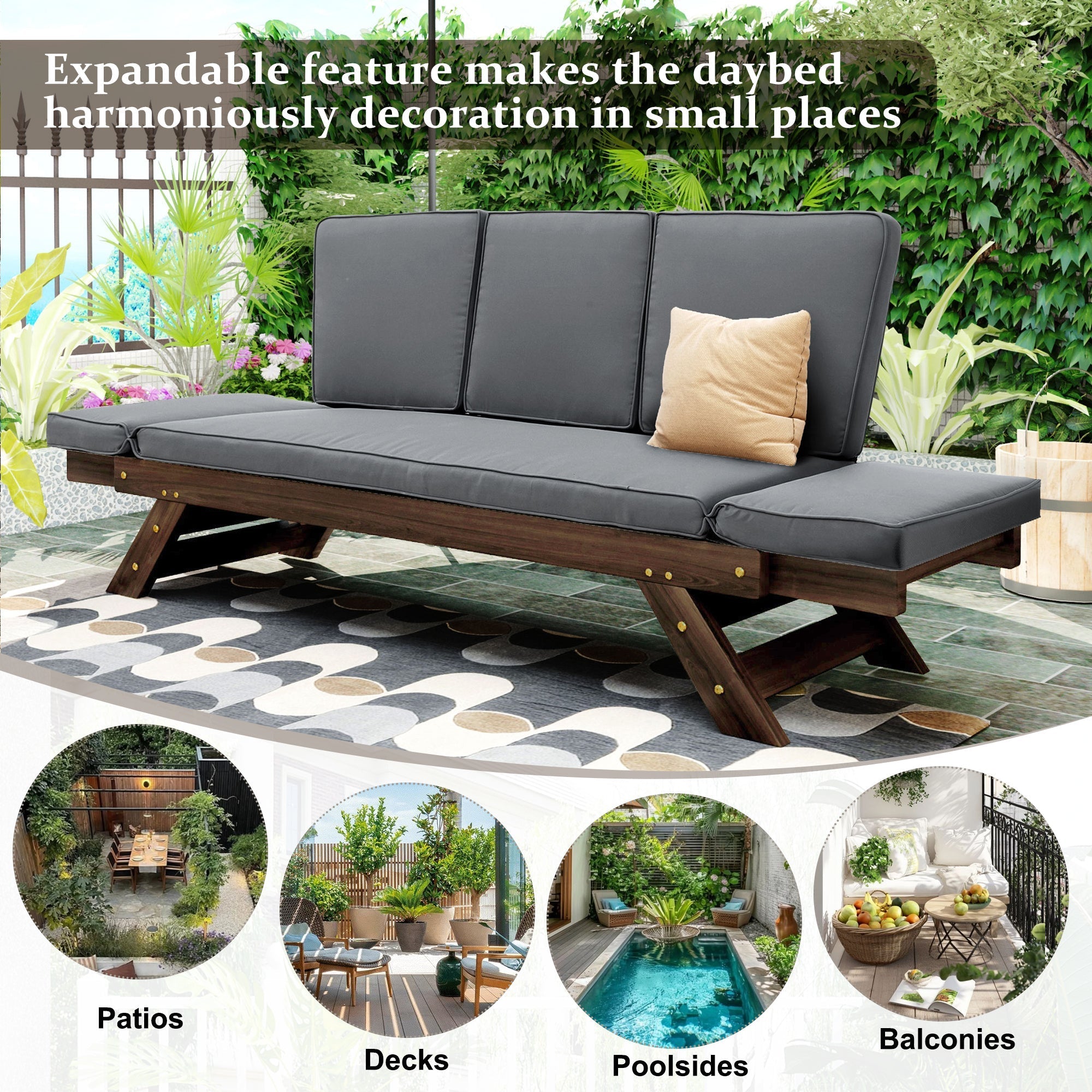 TOPMAX Outdoor Adjustable Patio Wooden Daybed Sofa Chaise Lounge with Cushions