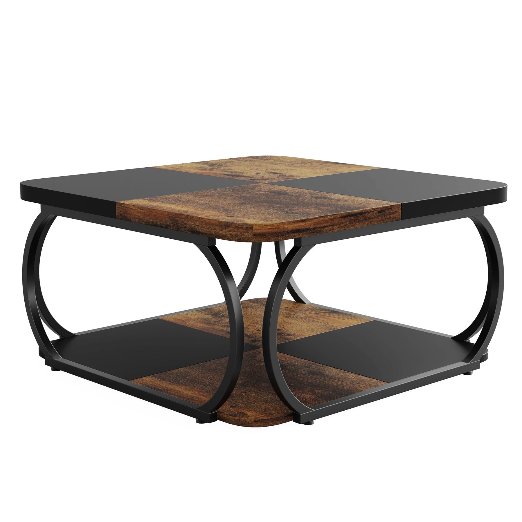 Square Coffee Table With Storage Shelf, 2 Tier For Living Room - Brown / Black