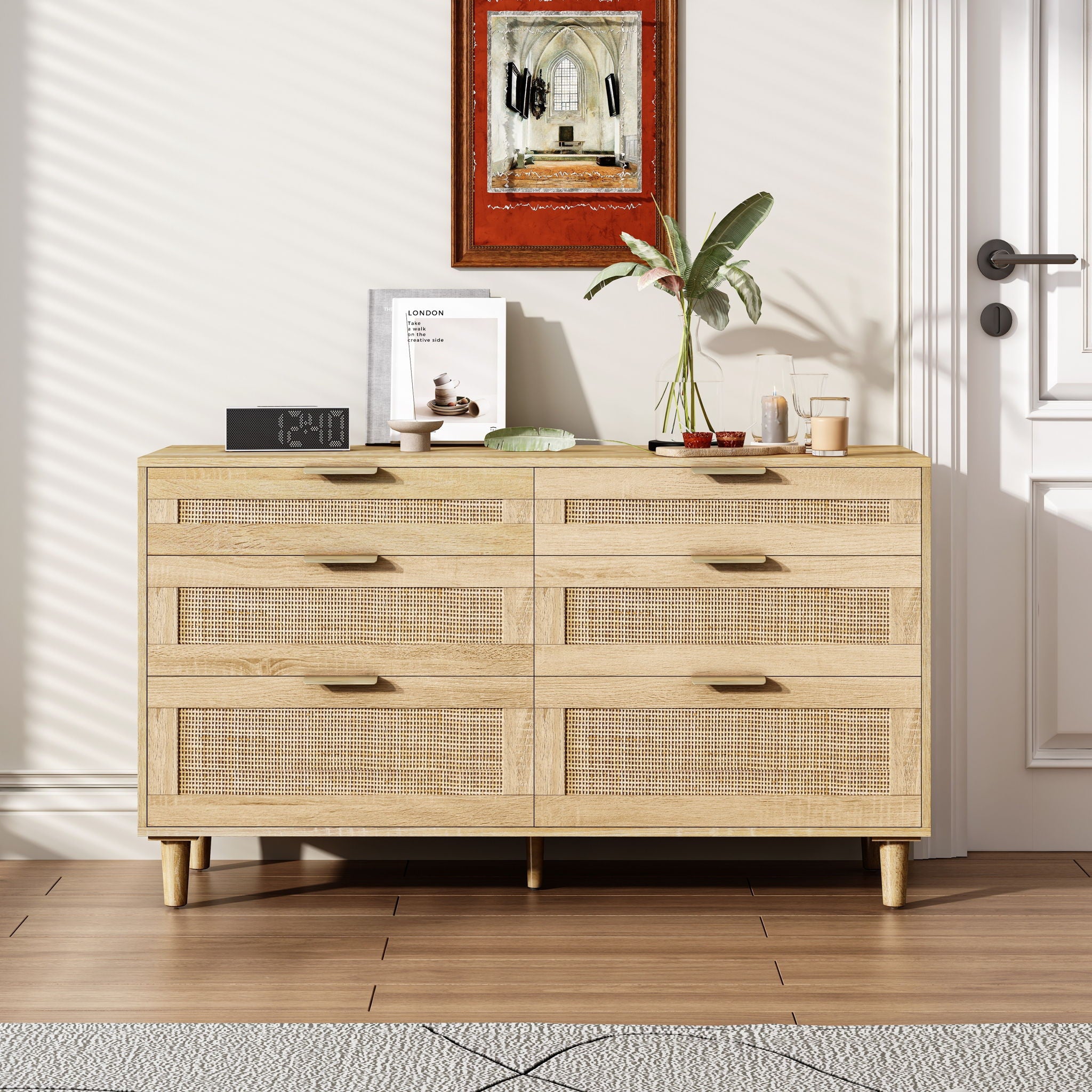 Rattan Dresser With 6 Drawers, Wooden Legs & Metal Handle