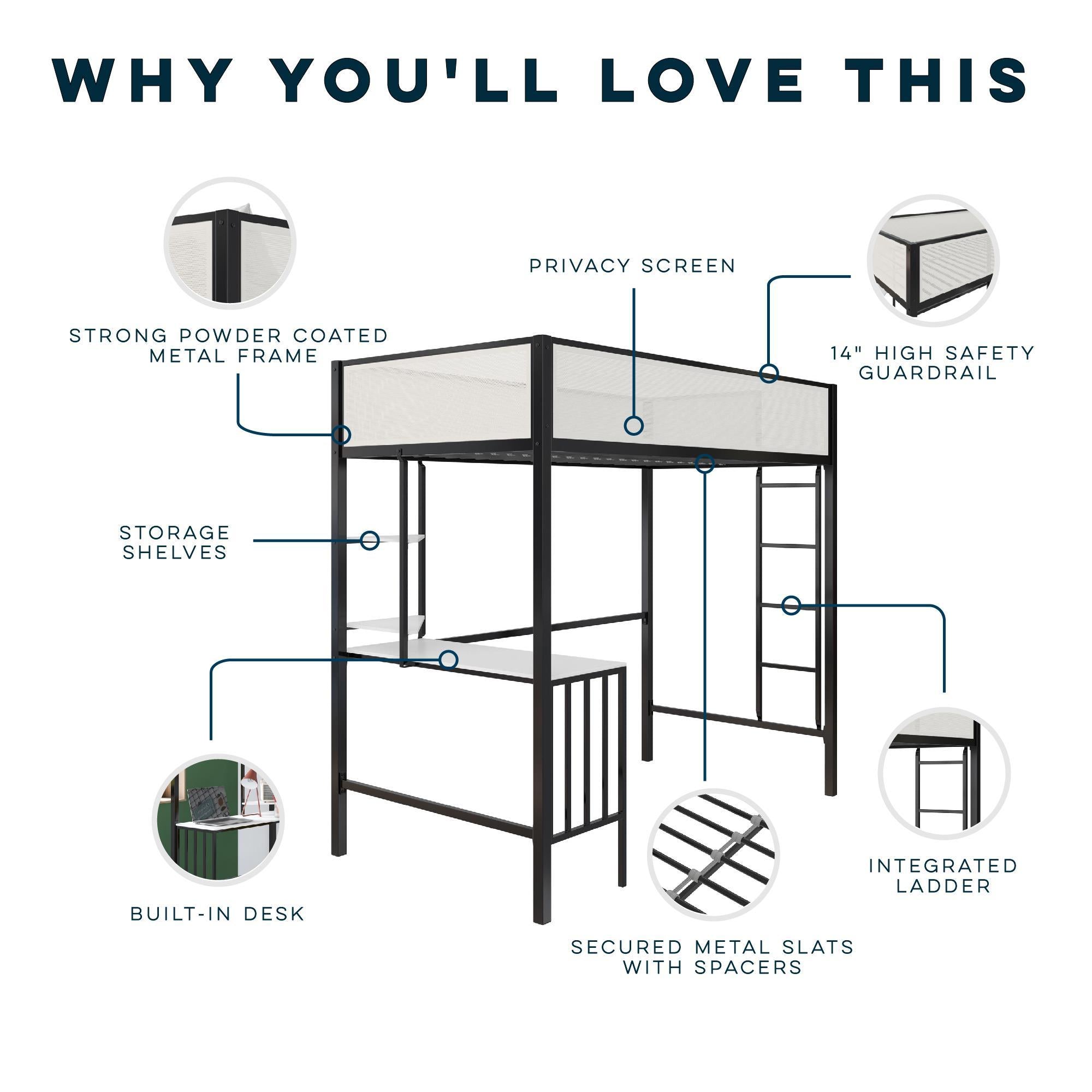 Axel - Twin Loft Bed With Desk & Shelves - Black