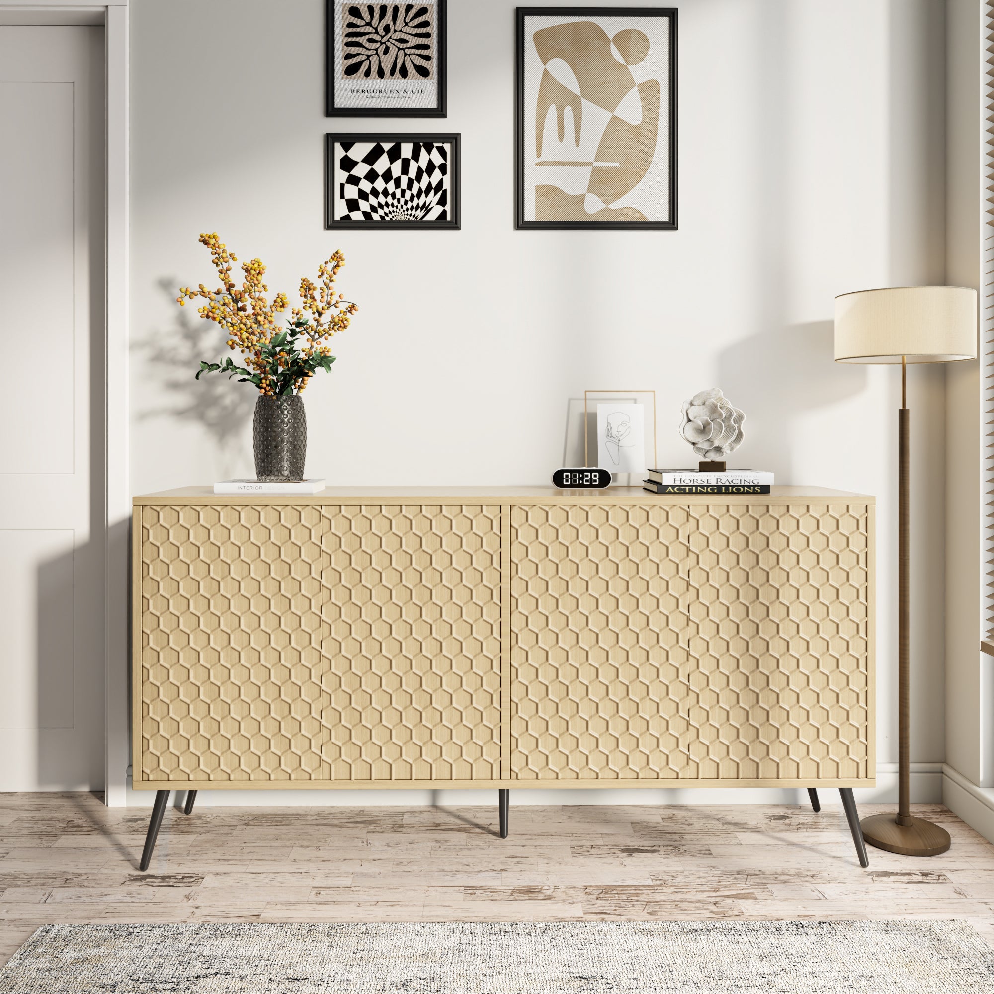Mid-Century-Modern-Sideboard-63'-Oak-Buffets-&-Sideboards