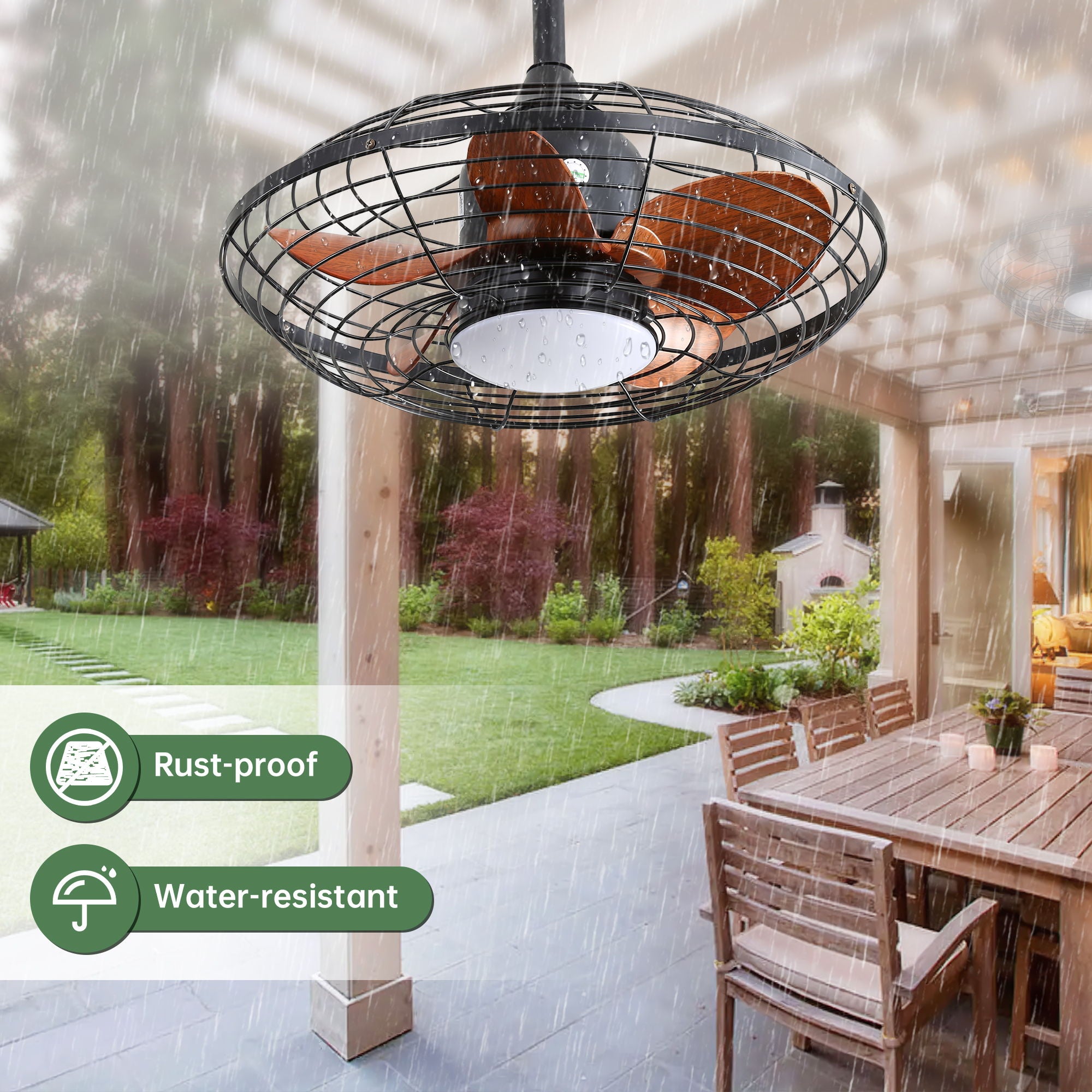 Outdoor Ceiling Fan With DC Motor And LED Light, Blades, Reversible For Patios - Black