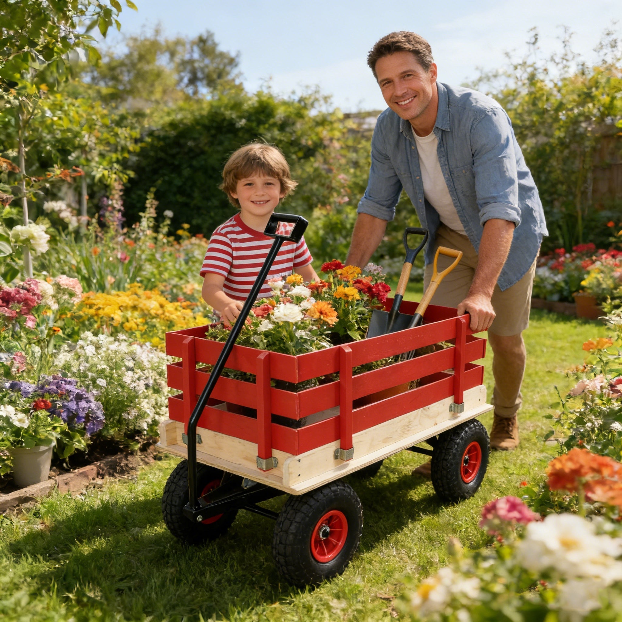 Children's and Garden Wooden Carriage with All-Terrain Inflatable Wheels
