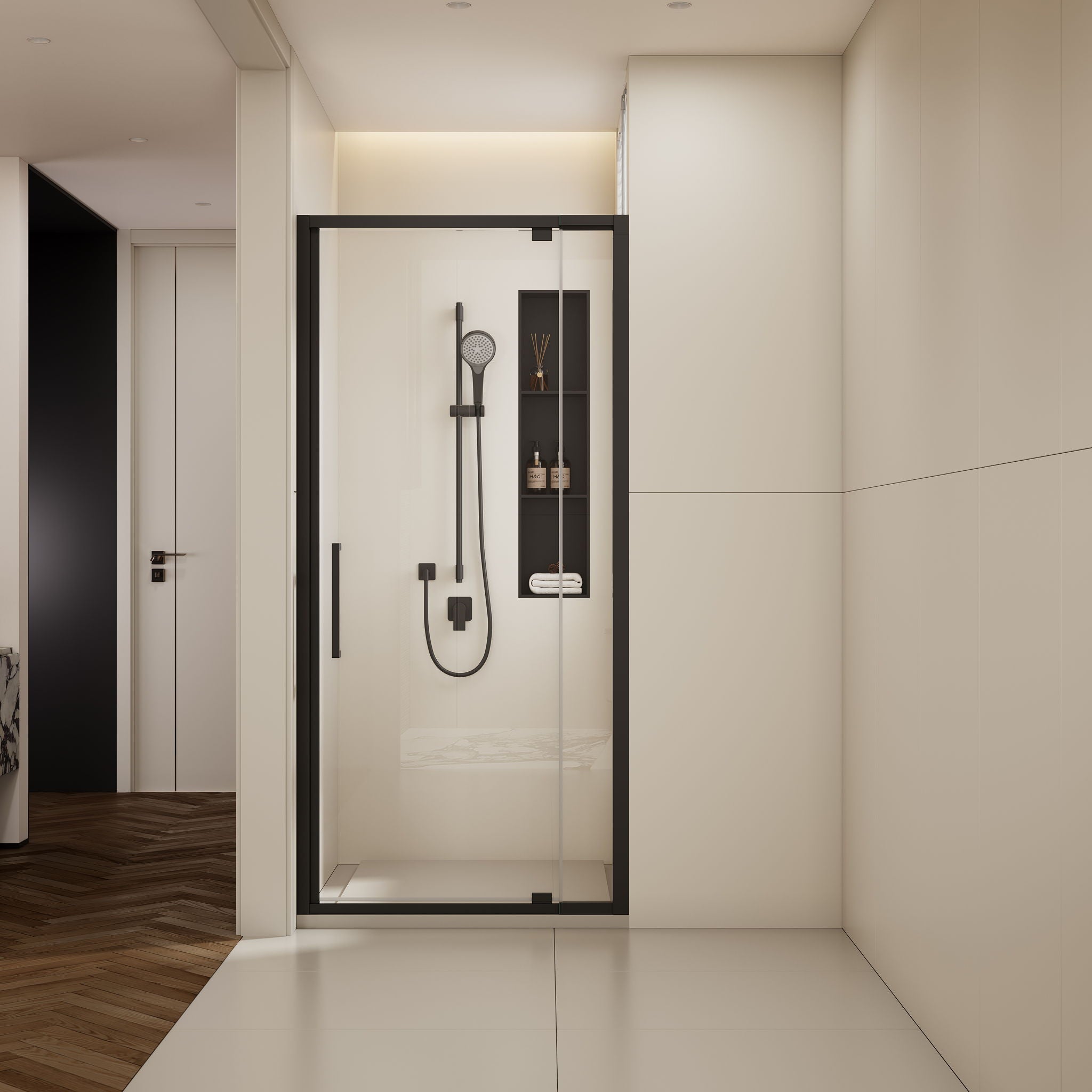 Scalable - Shower Door With 1 / 4" Clear Tempered Glass And Aluminium Alloy Frame - Matte Black