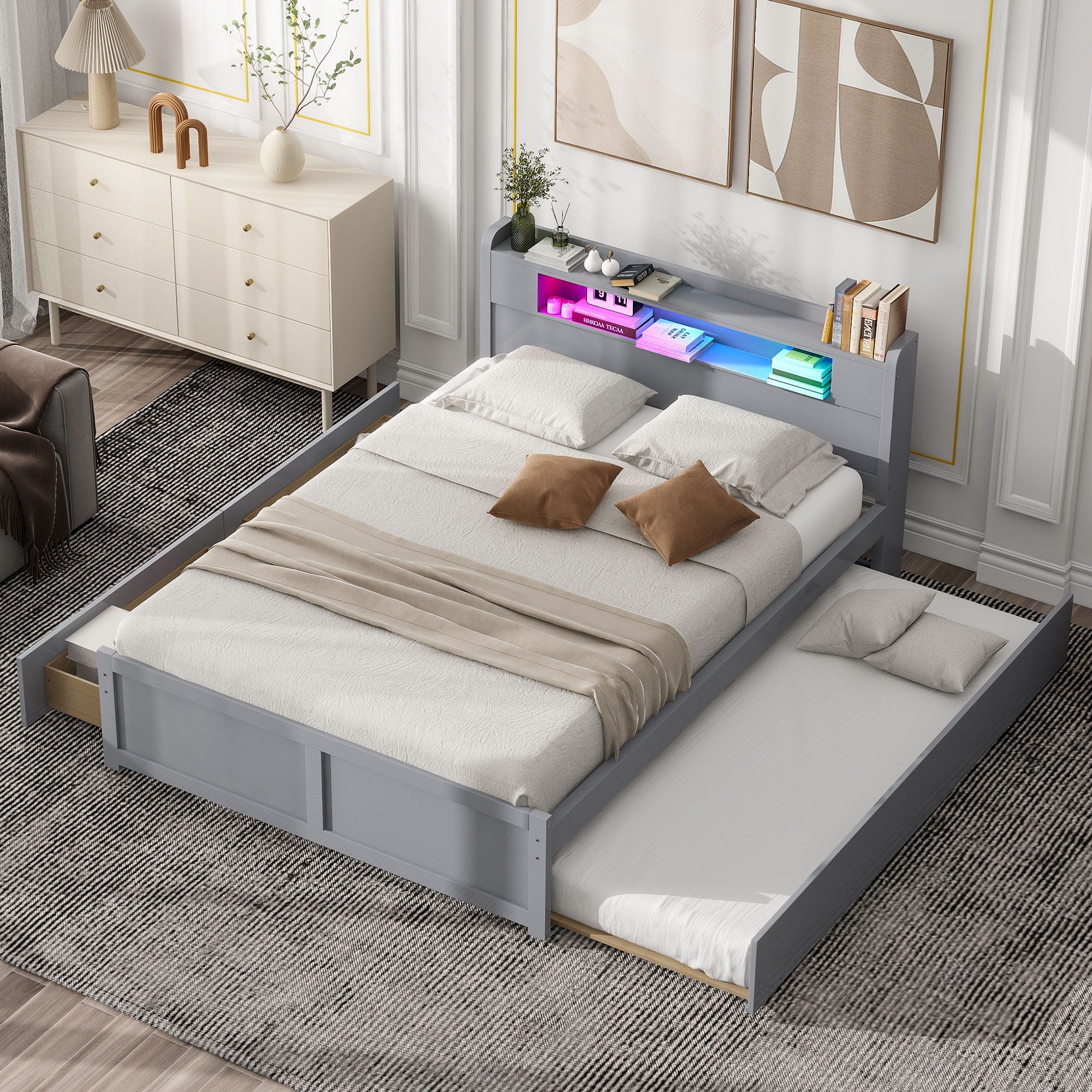 Storage Platform Bed With LED Lights, 2 Drawers And Trundle