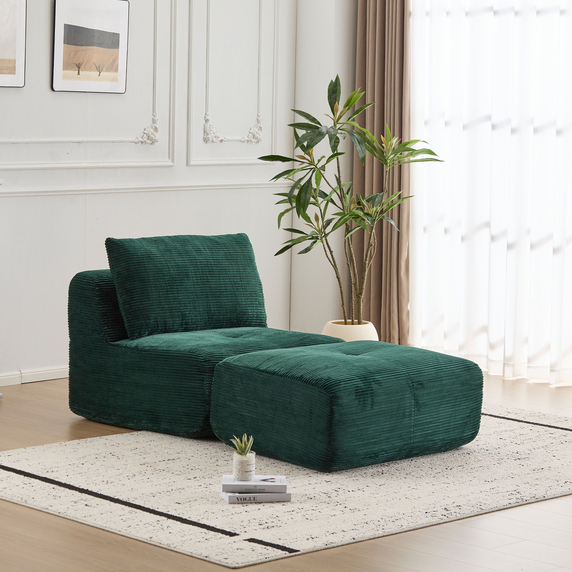 Compressed Sofa, Single Chaise Longue, Movable Ottoman For Living Room - Green