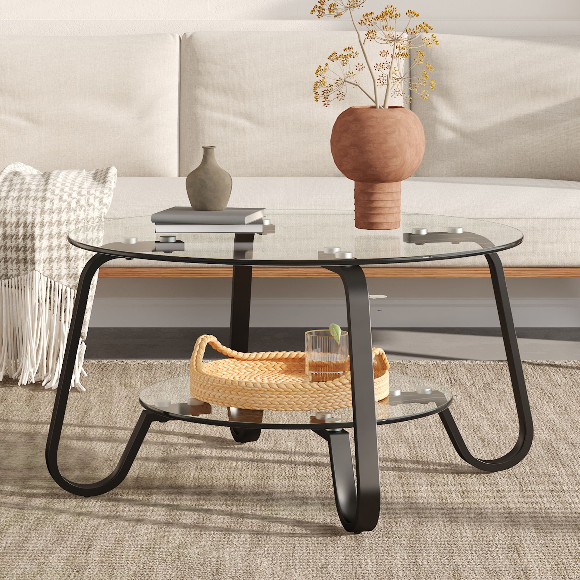 Retro Minimalist Style Metal Frame Double Layer Tempered Glass Coffee Table