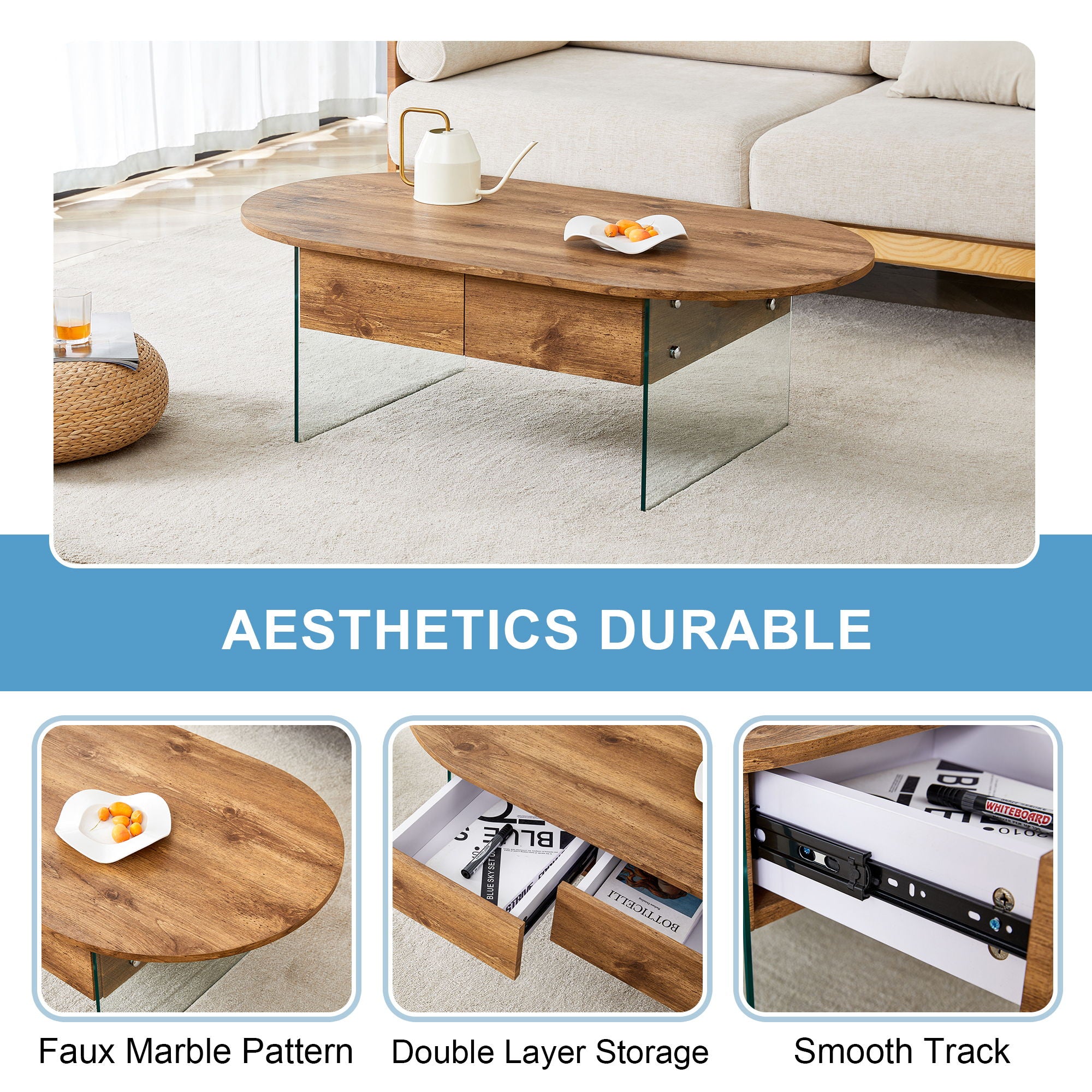 Elegant Coffee Table With Double Drawers And Transparent Glass Sides - Wood