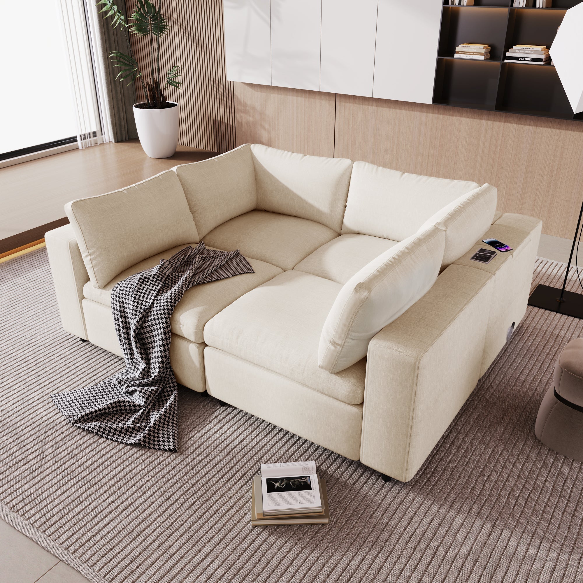 U-Style Upholstered Modular Sofa with Storage and Built-in Tech