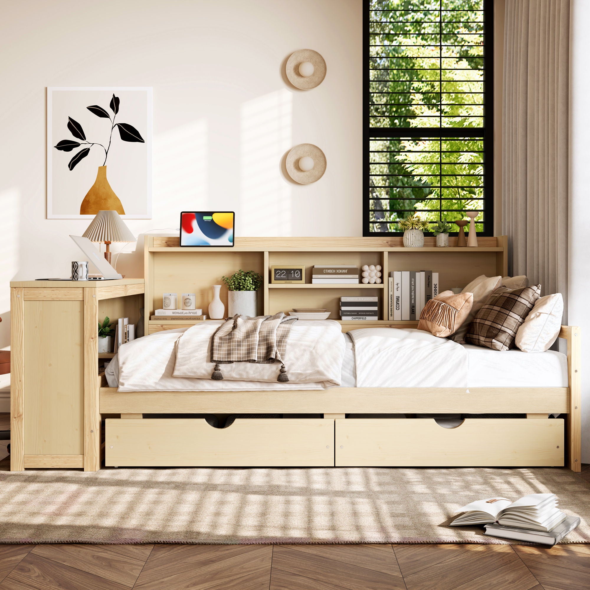 Corner Daybed With Storage Drawers, Desk, Charging Port & Bookcase