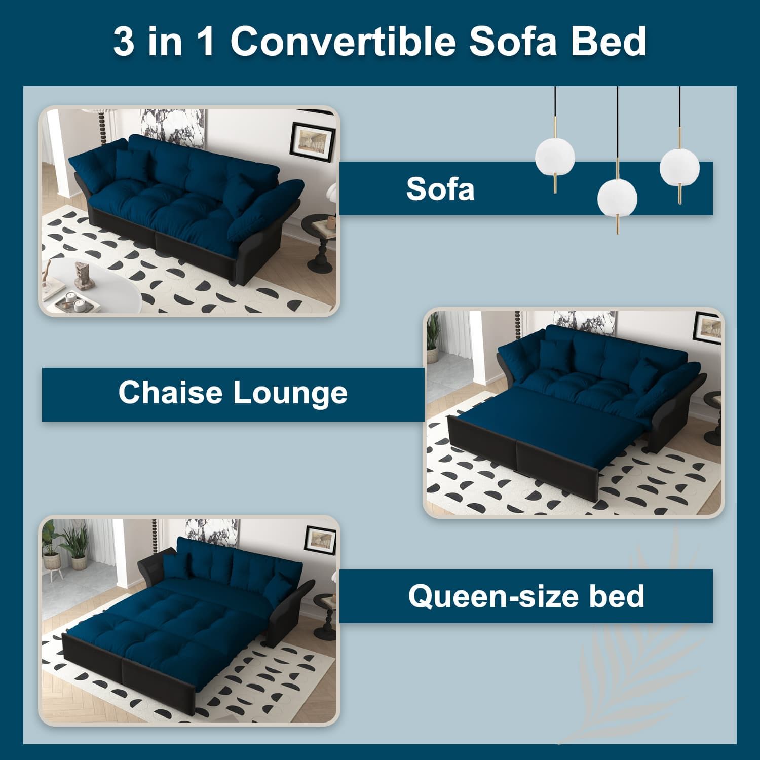 Queen Pull Out Sofa Bed, 3 In 1 Convertible Sleeper Tufted Sofa & 2 Soft Pillows - Blue