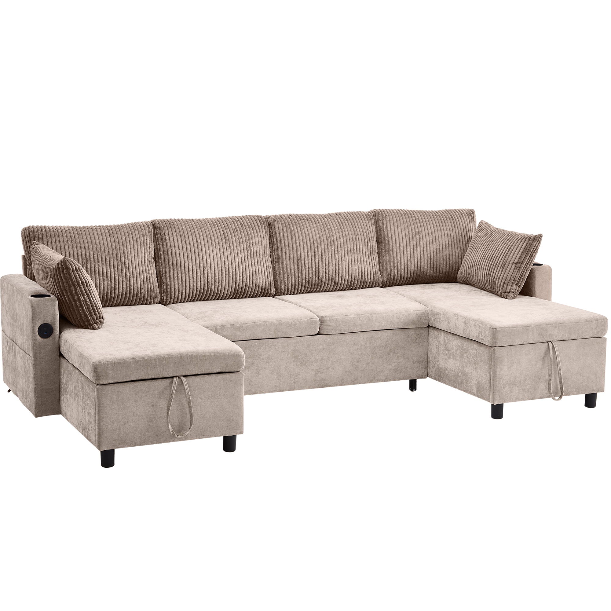 Sectional Sofa Bed With Pull Out Sleeper, USB Ports, Cup Holders
