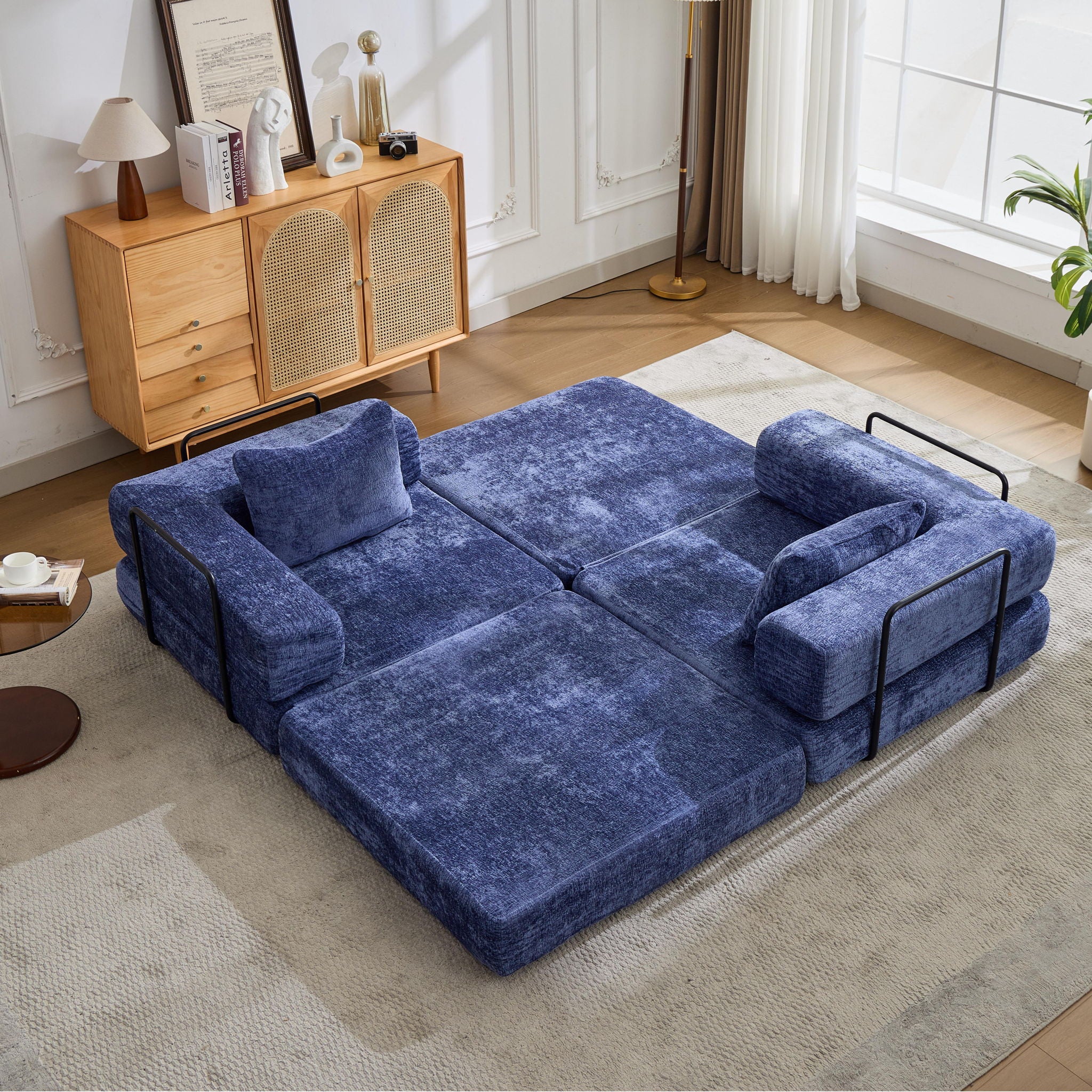 Convertible Floor Sofa Bed With Fixed Shape Frame, Loveseats Boneless Modular Sectional, For Living Room - Dark Blue