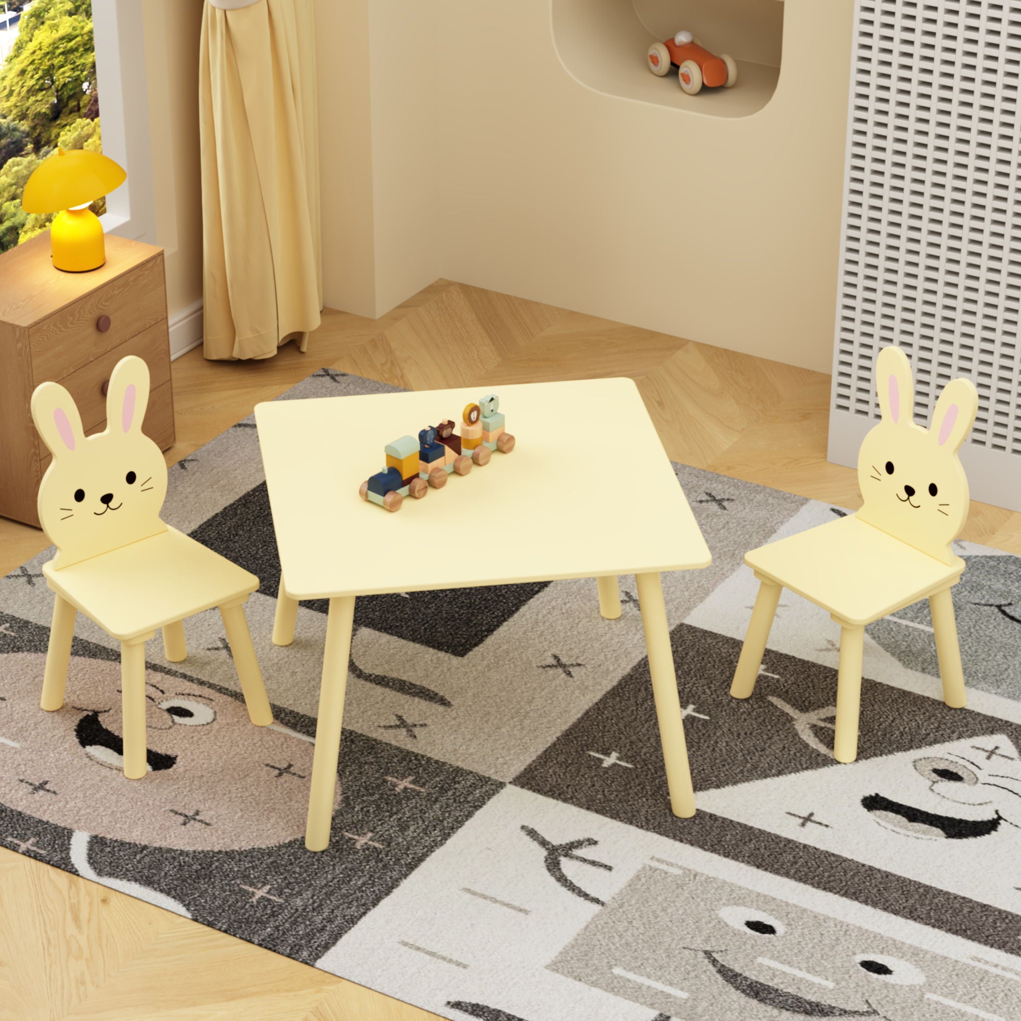Table And Chair Set With 2 Bunny Chairs, Children's Activity Table For Toddlers, Cute Animal Design - Yellow