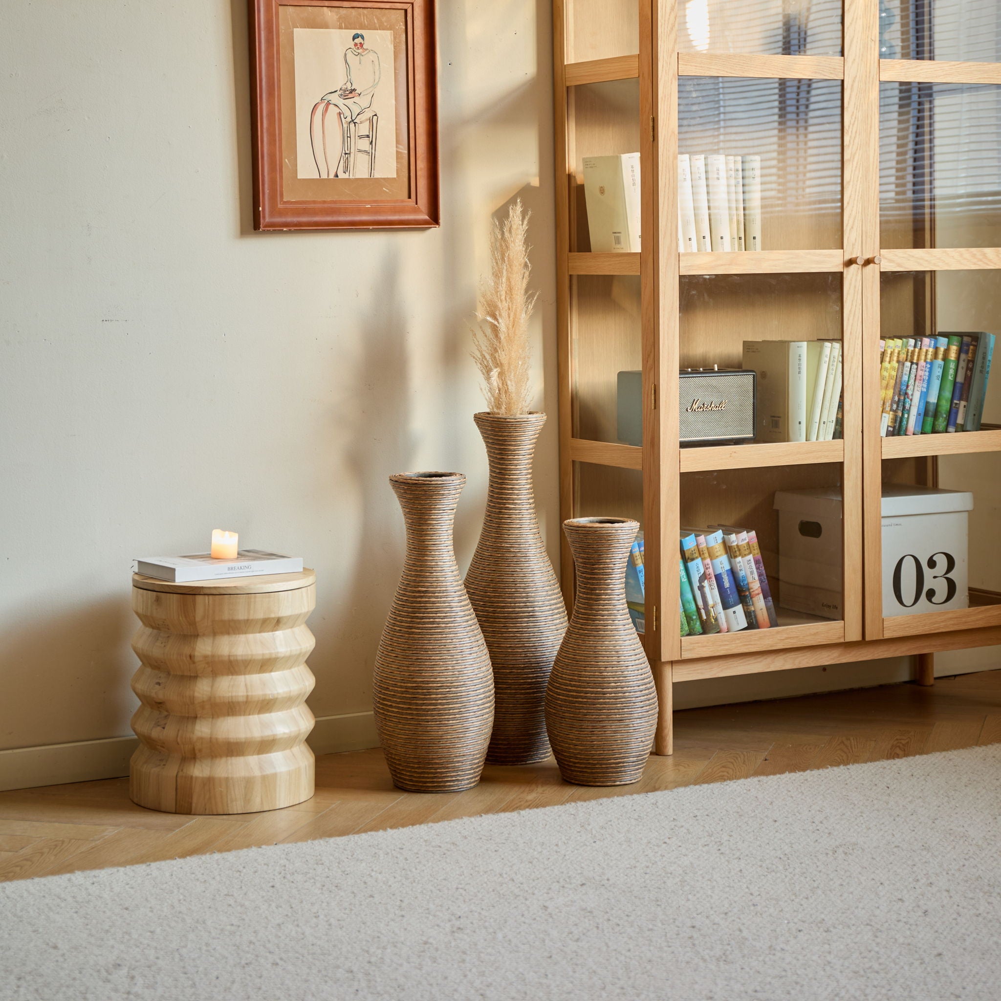 3 Piece Artificial Rattan Floor Vase Set Decorative Accent For Living Room, Hallway & Entryway, Ideal For Dried Or Silk Flower Arrangements - Beige