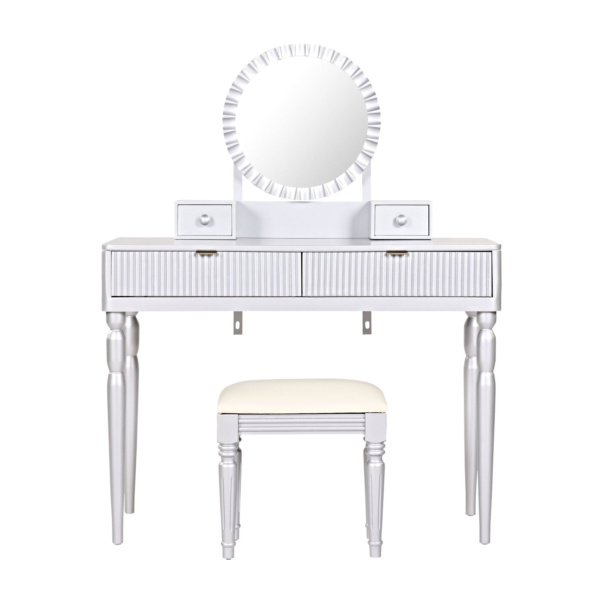 Luxury Vanity Desk With Round Mirror Height Adjustable Dressing Table Set Engineered Wood - Silver - Best Buy Furniture