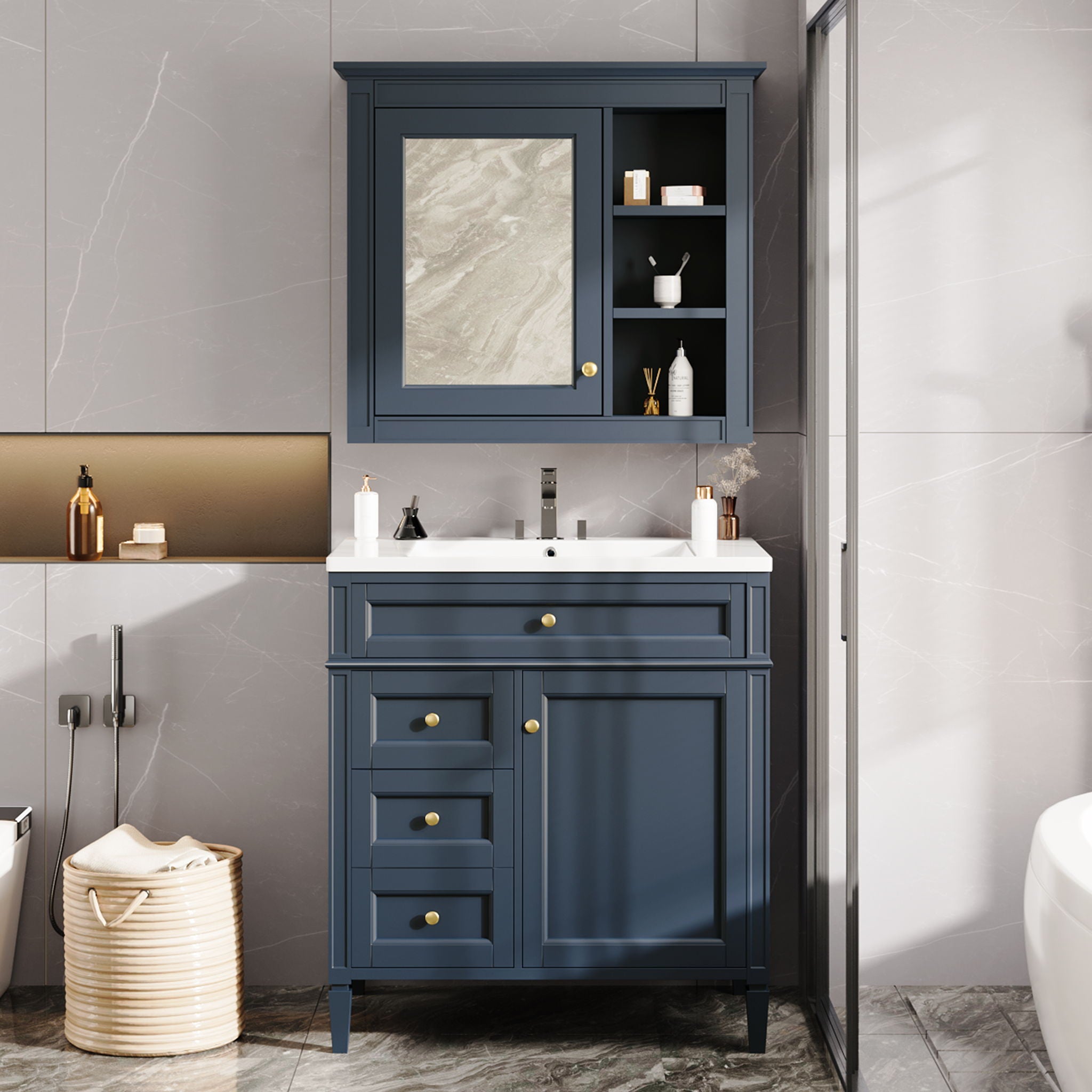 Bathroom Vanity With Medicine Cabinet, Royal Blue Mirror Cabinet, Modern Bathroom Storage Cabinet With 2 Soft Closing Doors And 4 Drawers