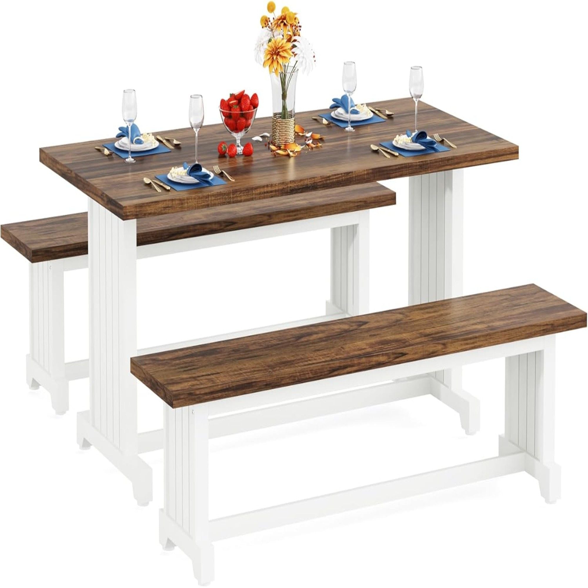 3 Piece Dining Table Set For 2 - 4, With Space Saving Benches - Brown / White