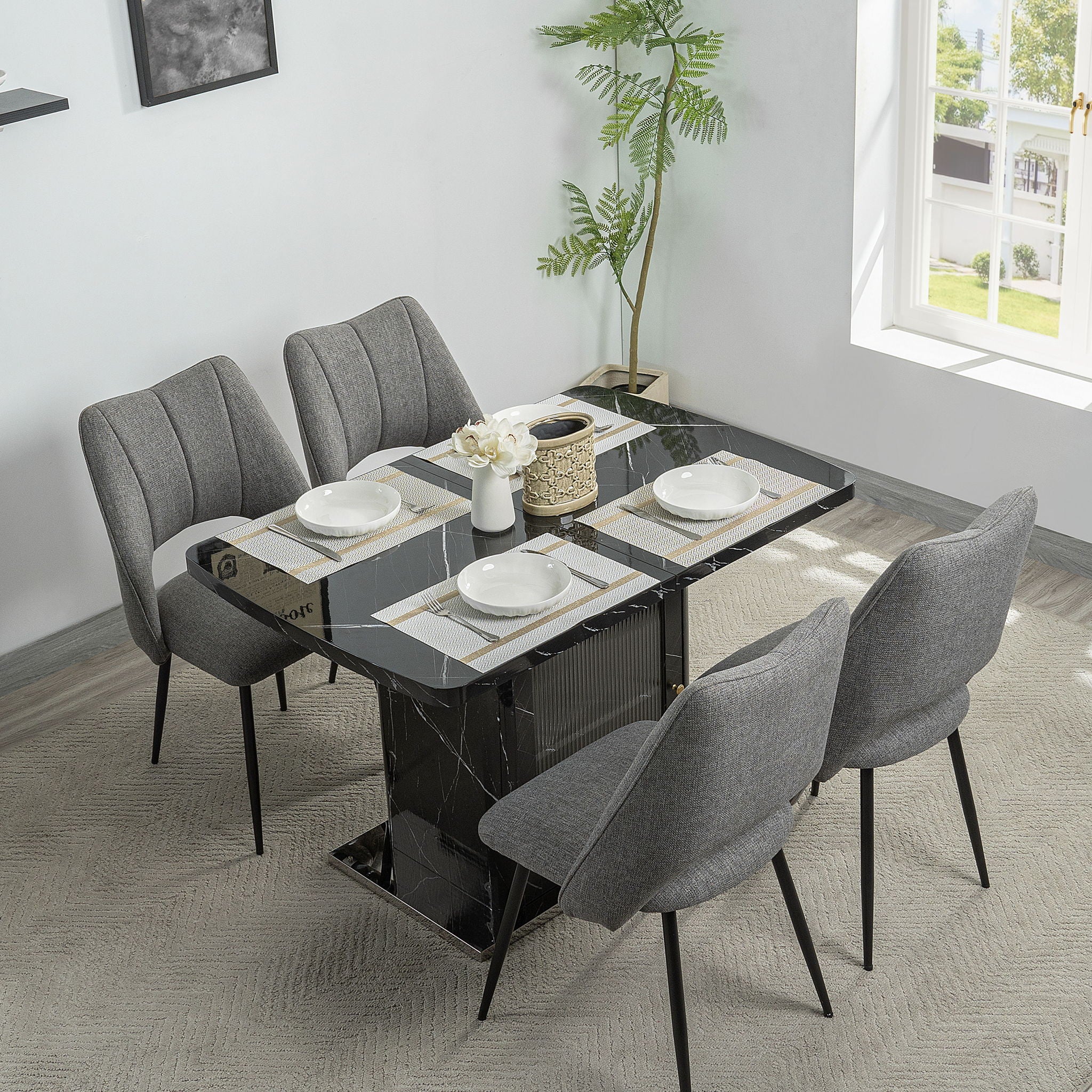 Modern Rectangle Dining Table With Stretchable Top, Storage Cabinet