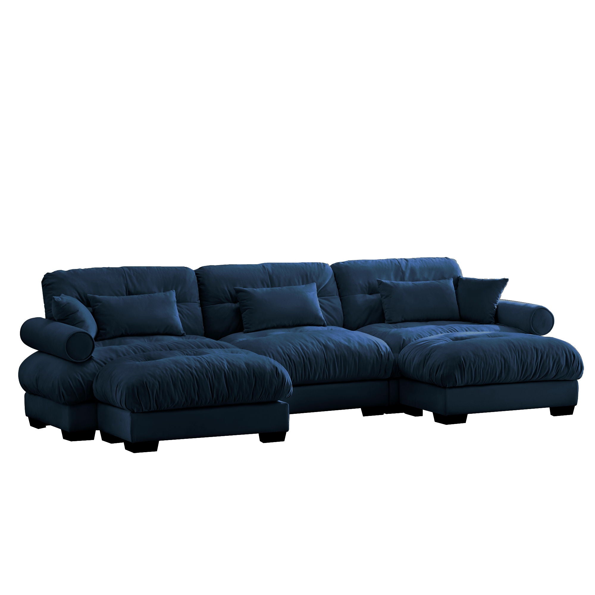 Modern Sectional Sofa With Ottoman, Round Bolster Armrests, Waist And Throw Pillows