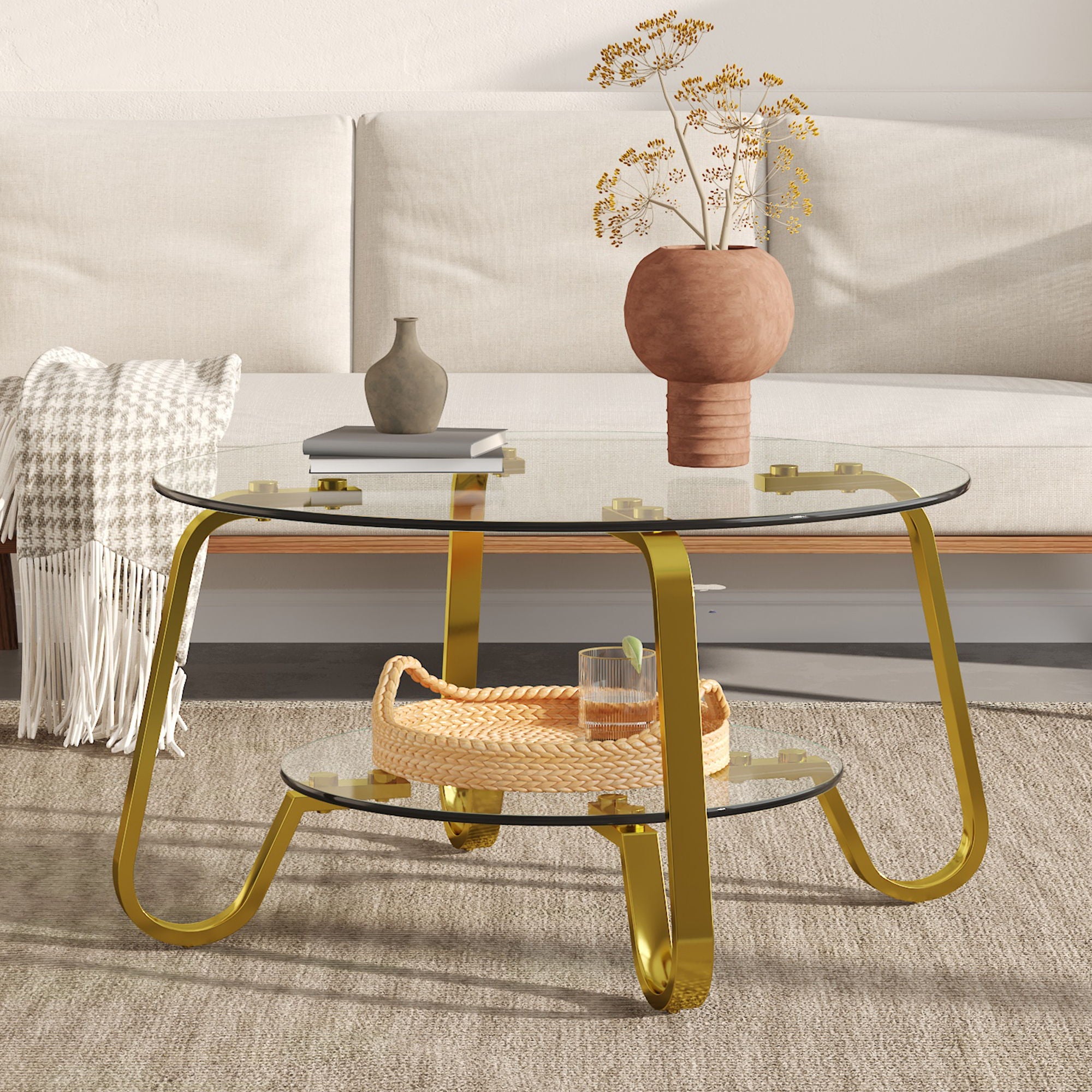 Retro Minimalist Style Metal Frame Double Layer Tempered Glass Coffee Table
