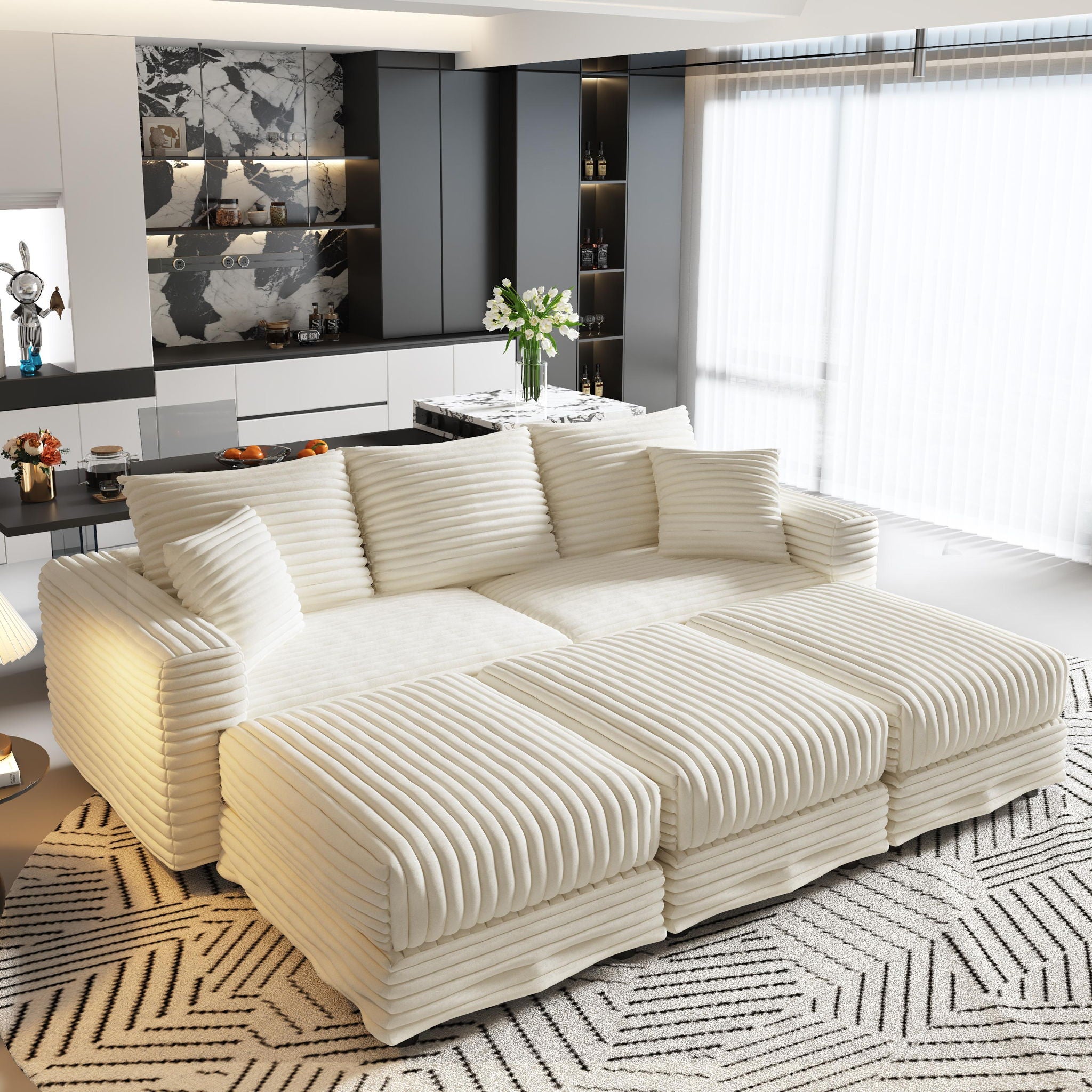 Deep Seat Convertible Sofa With Soft Pillows And Ottomans