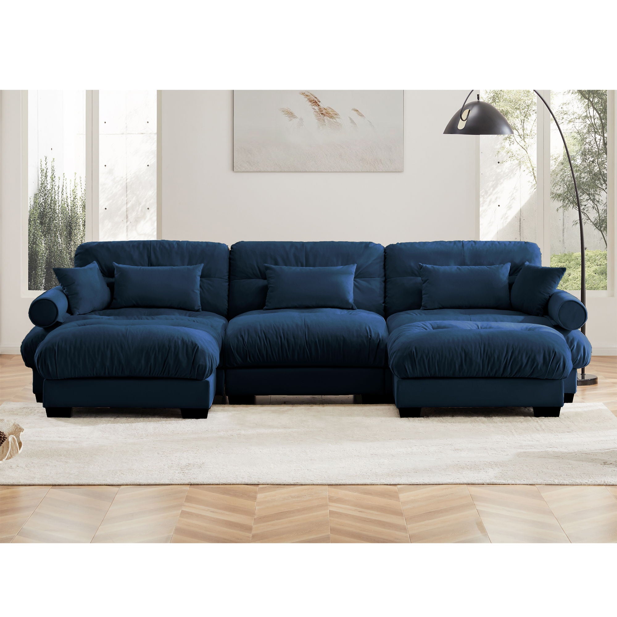 Modern Sectional Sofa With Ottoman, Round Bolster Armrests, Waist And Throw Pillows