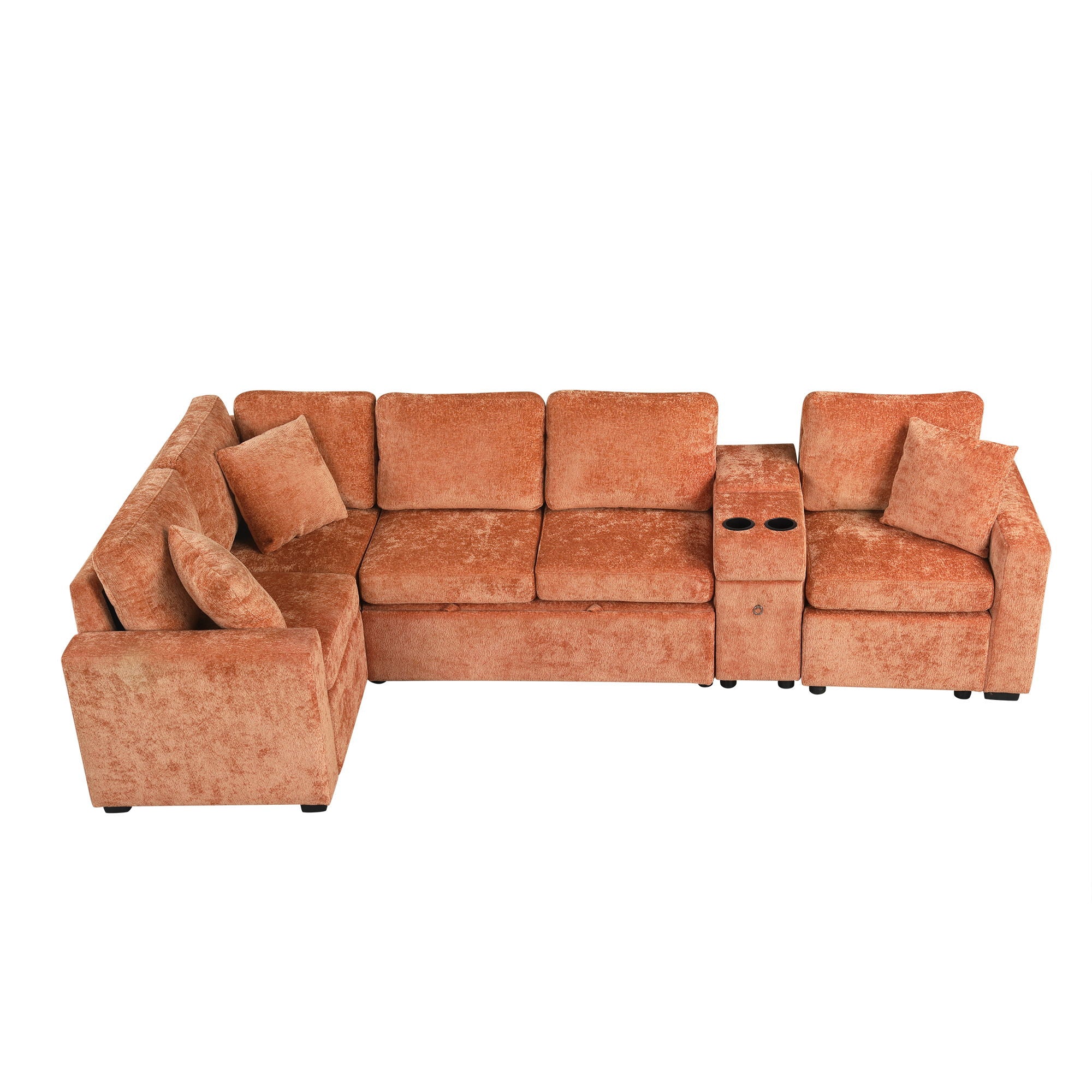Modular L-Shaped Sectional Sofa Bed With Pull-Out Sleeper, Cup Holders, And Storage