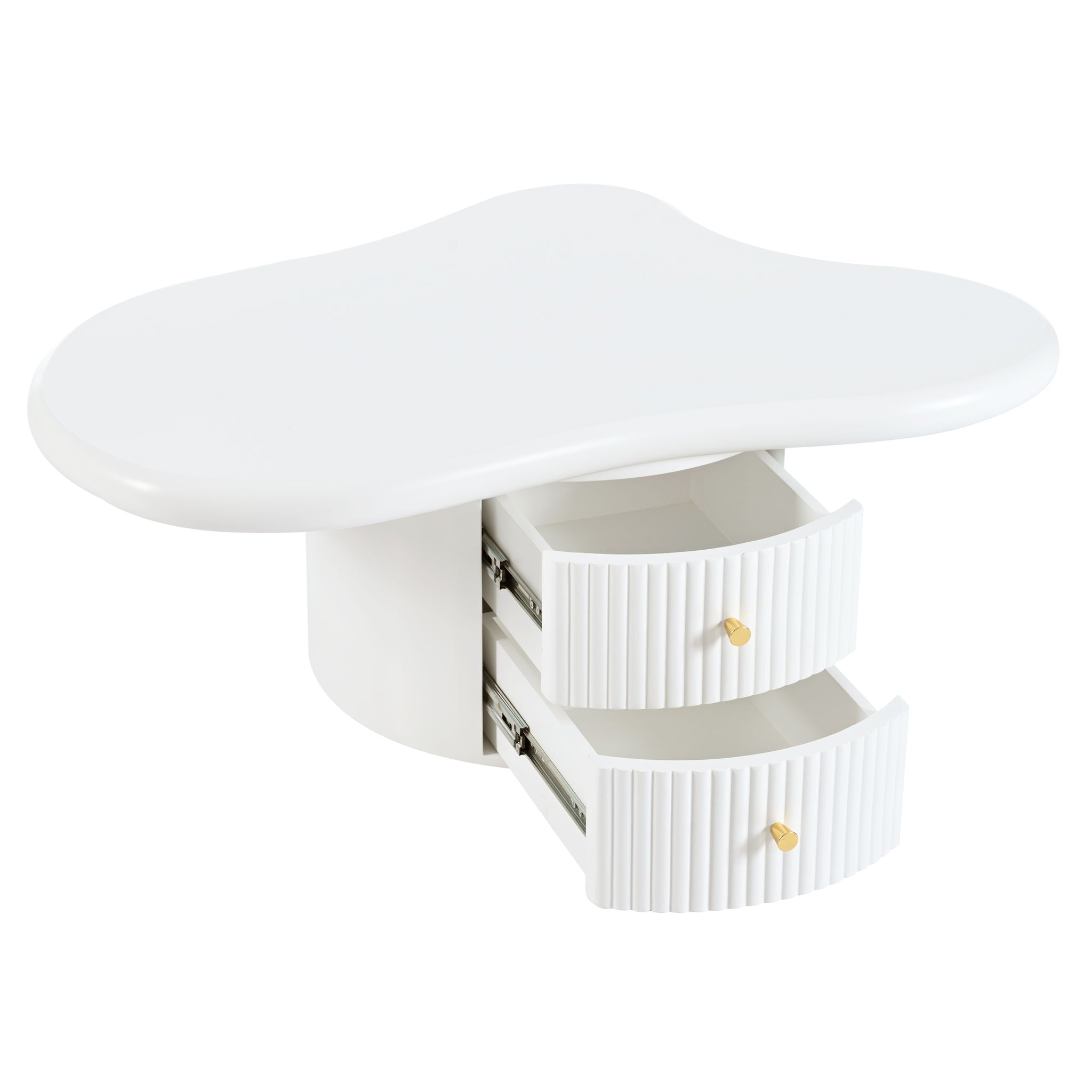 Cloud - Coffee Table (Set of 3), Irregular Shape Coffee Table With 2 Drawers, 2 Small Stools For Living Room - White