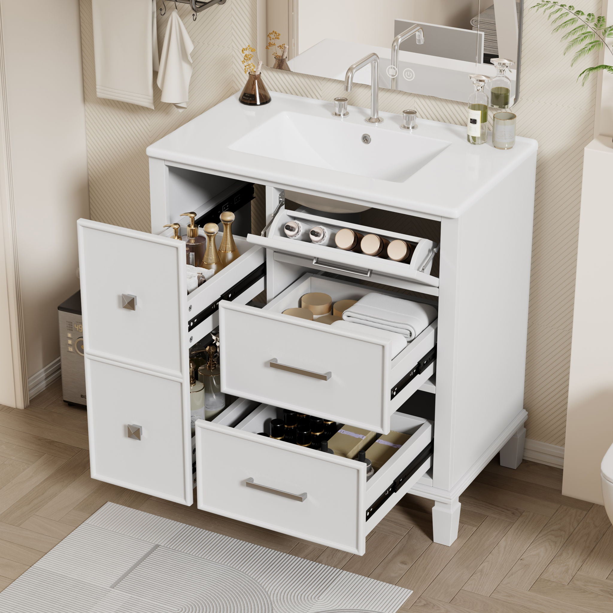 Bathroom Vanity With Ceramic Sink, Flip Out Drawer Design For Plumbing, Soft Close Drawers