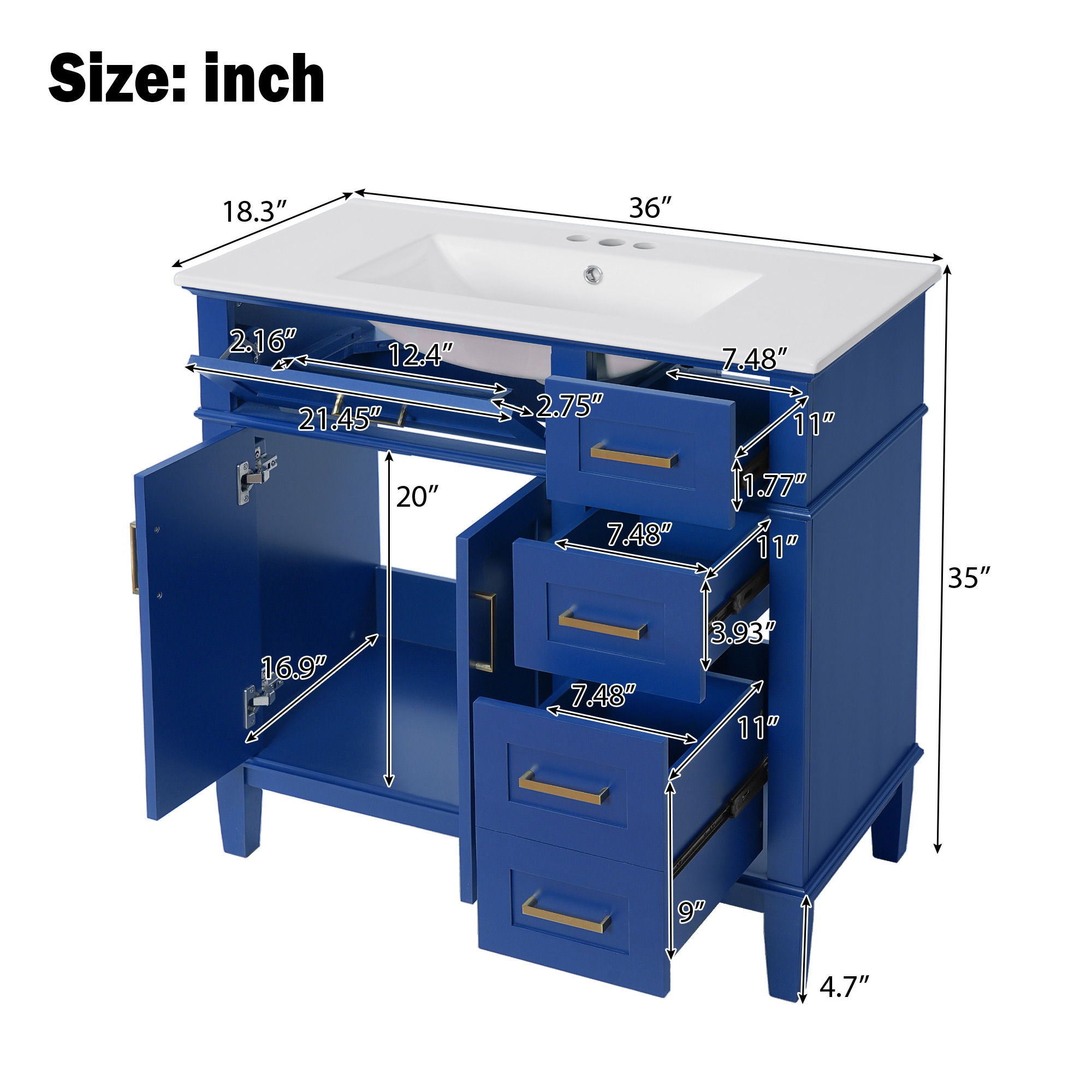 Bathroom Vanity With Sink, Soft Close Doors, Construction - Blue