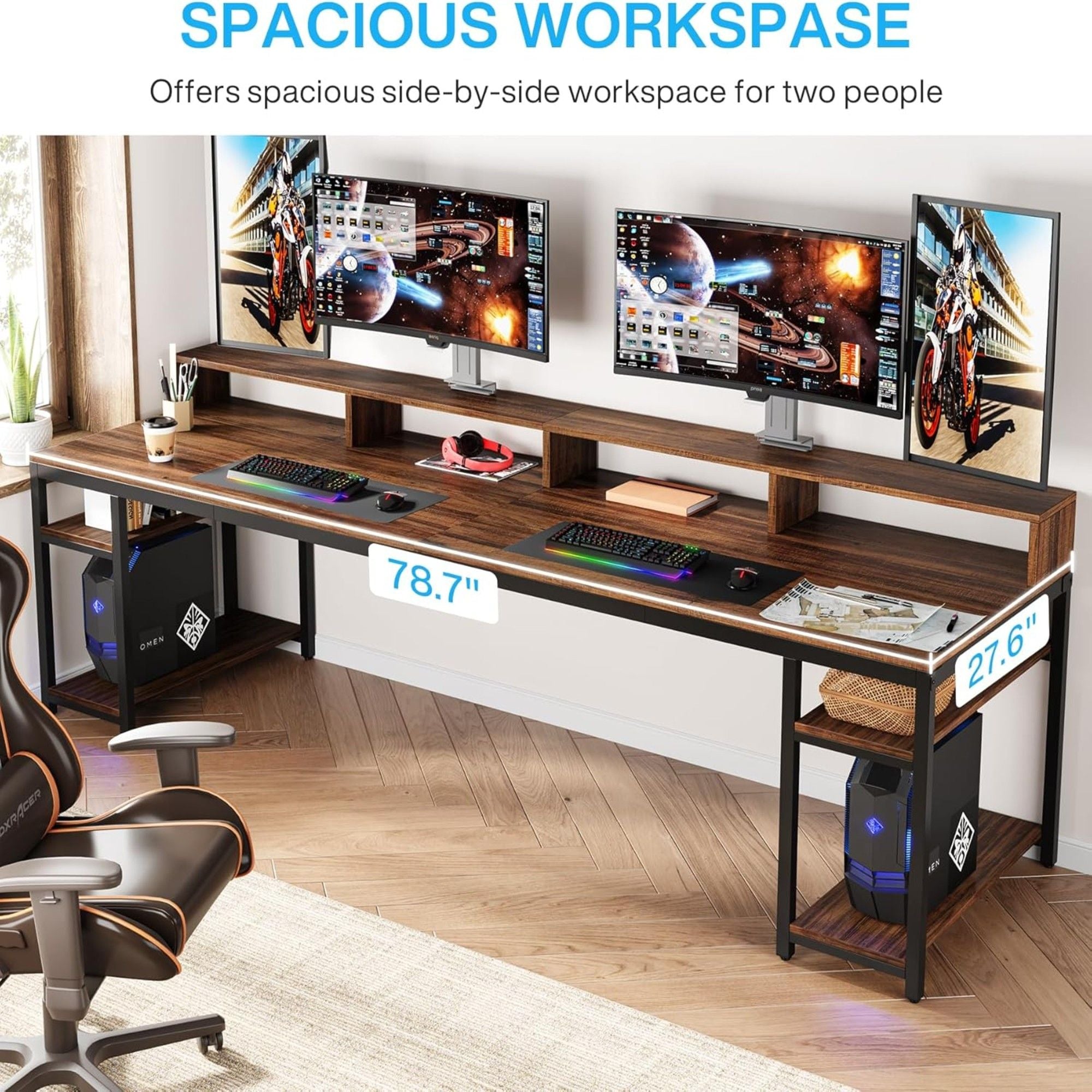 2 Person Desk With Monitor Stand, Long Office Workstation With Dual Storage Shelves And Frame - Brown / Black