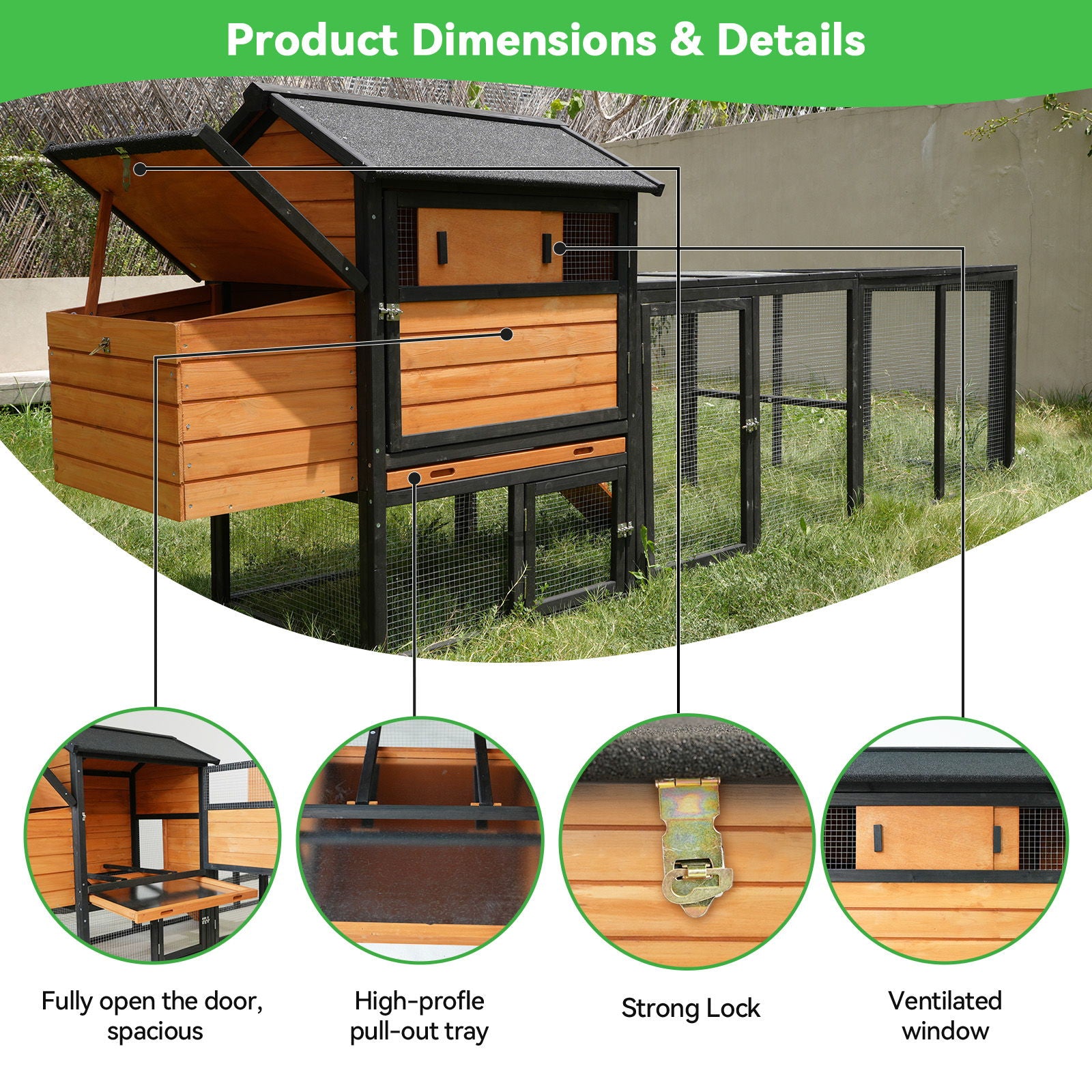 Chicken Coop With Run And Nesting Box, Large Outdoor Hen House For Backyard - Brown / Black