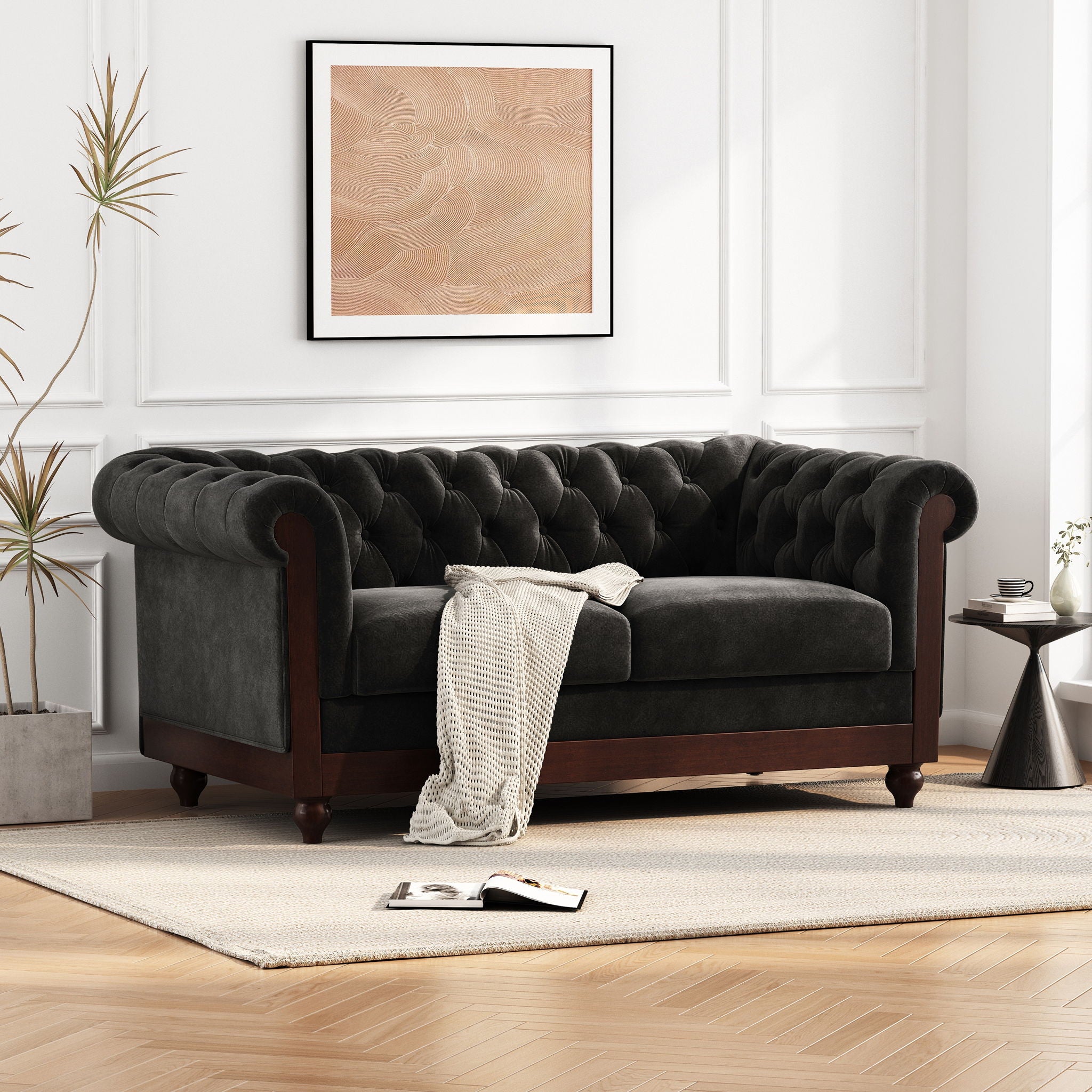 Chesterfield Velvet Loveseat Sofa, 2 Person Rolled Arm Upholstered Couch