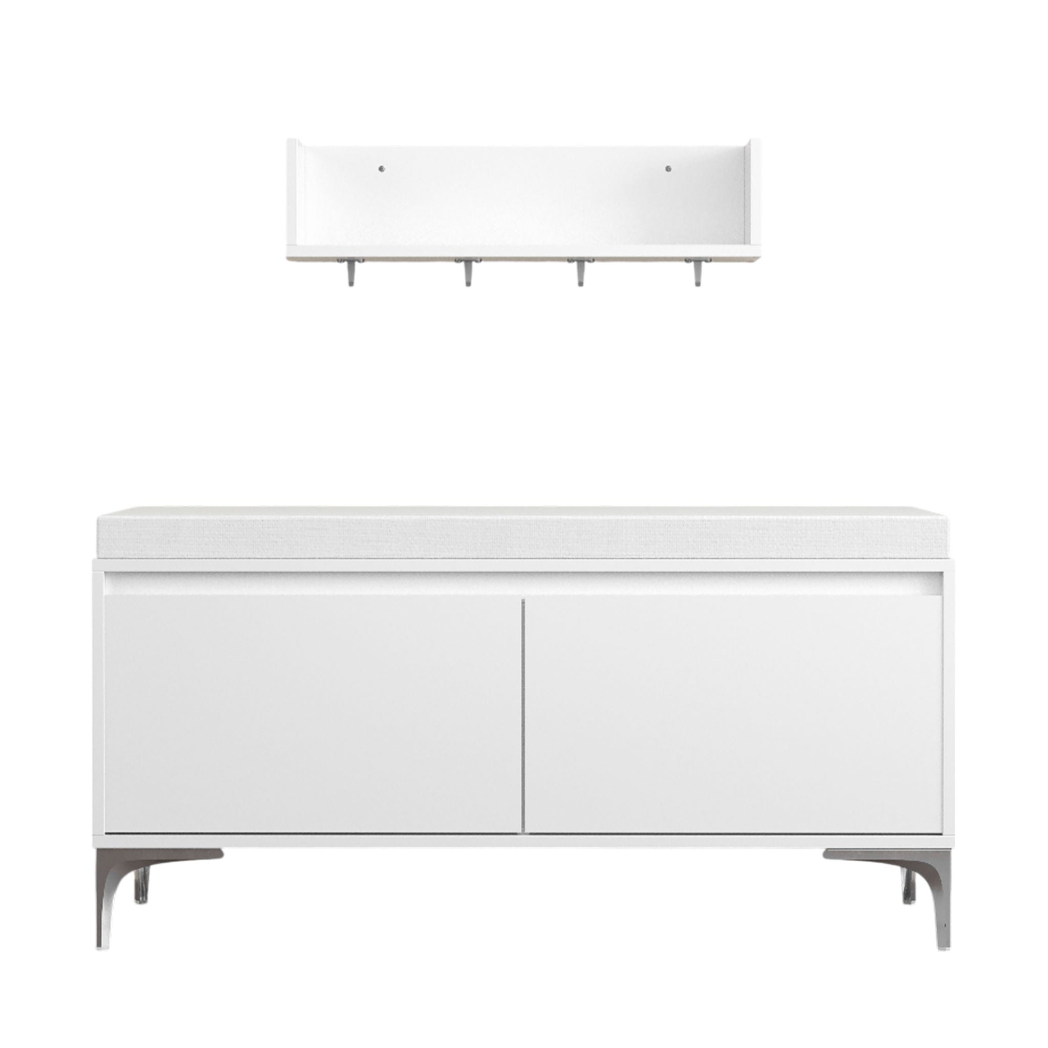 Wall Mounted Entryway Shelf With Hooks And Storage Bench Set - Off White