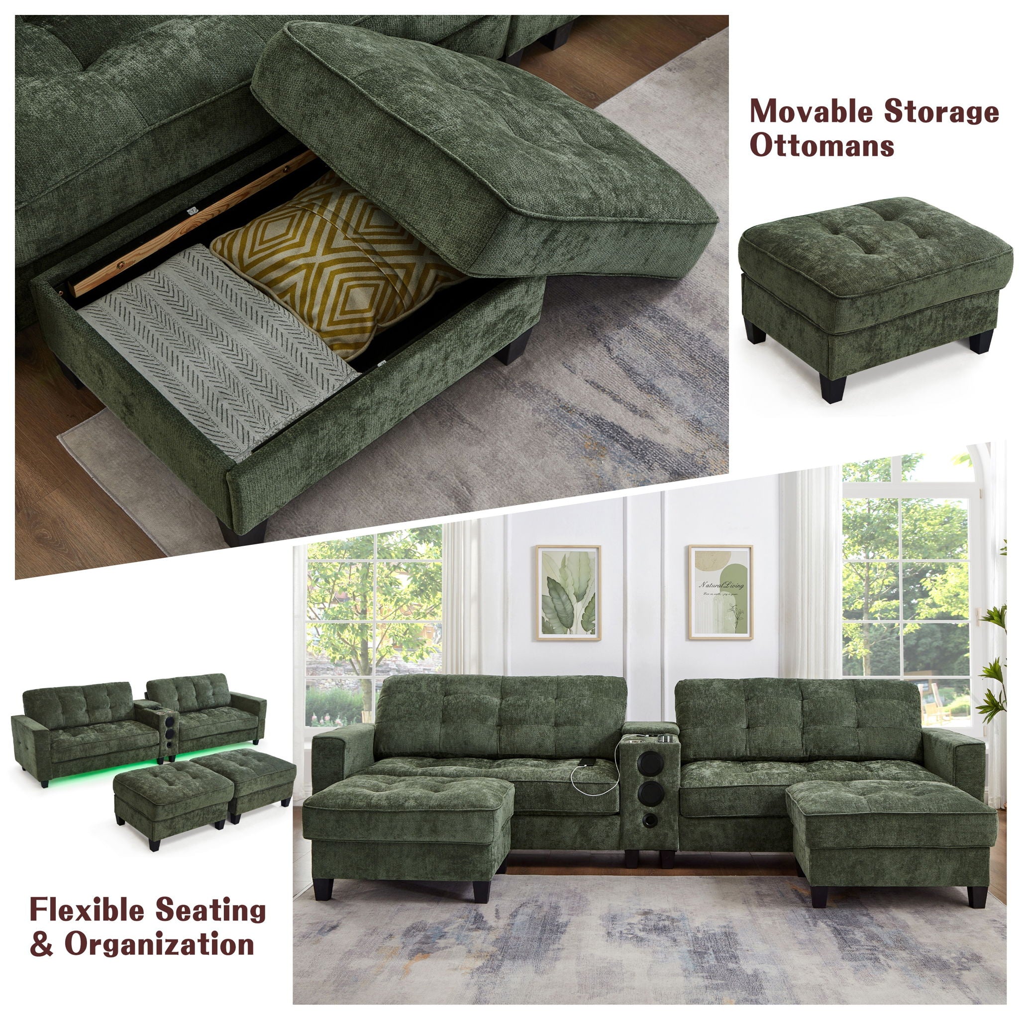 Modern Sectional Sofa U-Shaped With Movable Ottomans, Bluetooth Speakers, LED Lights And Modular Storage