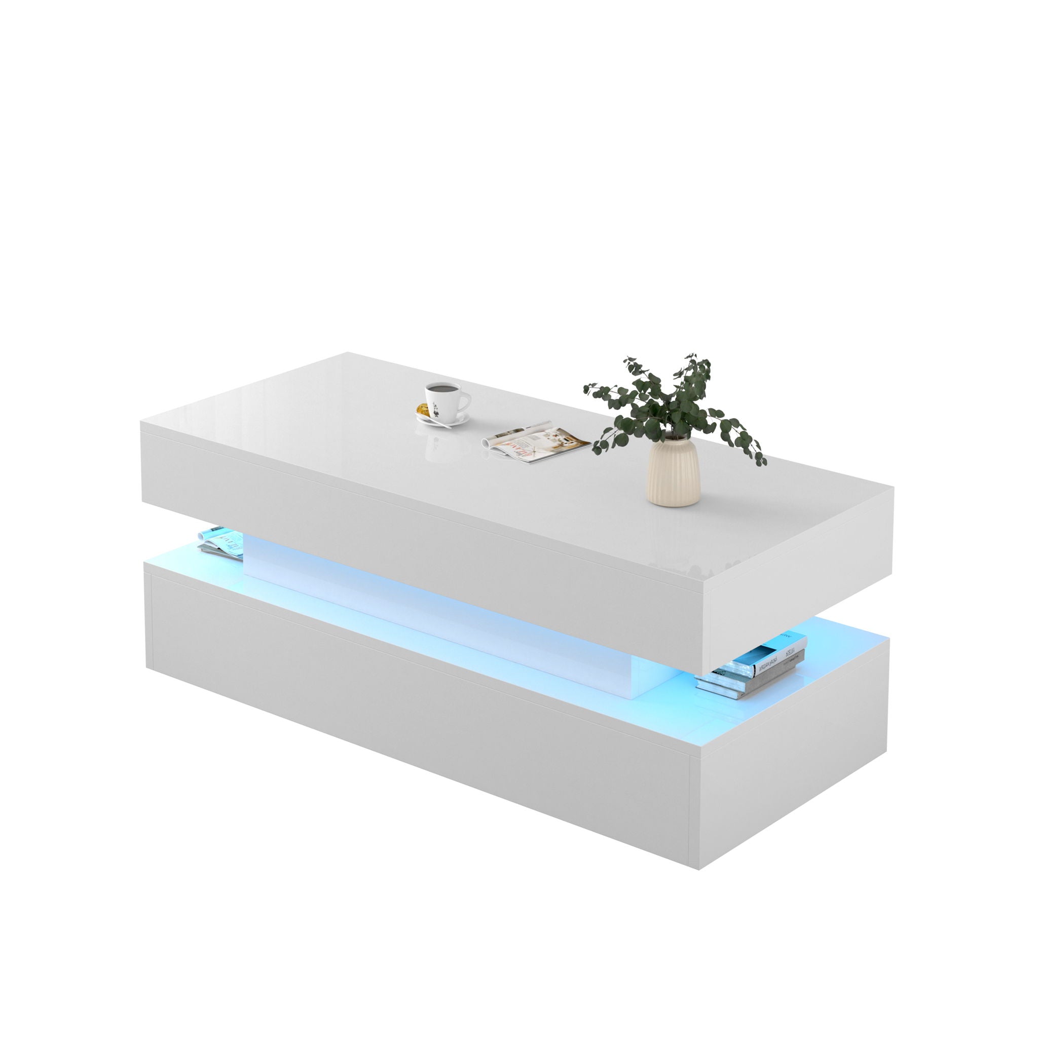 Contemporary Foldable Coffee Table With Drawers And LED, 3 Tier Design