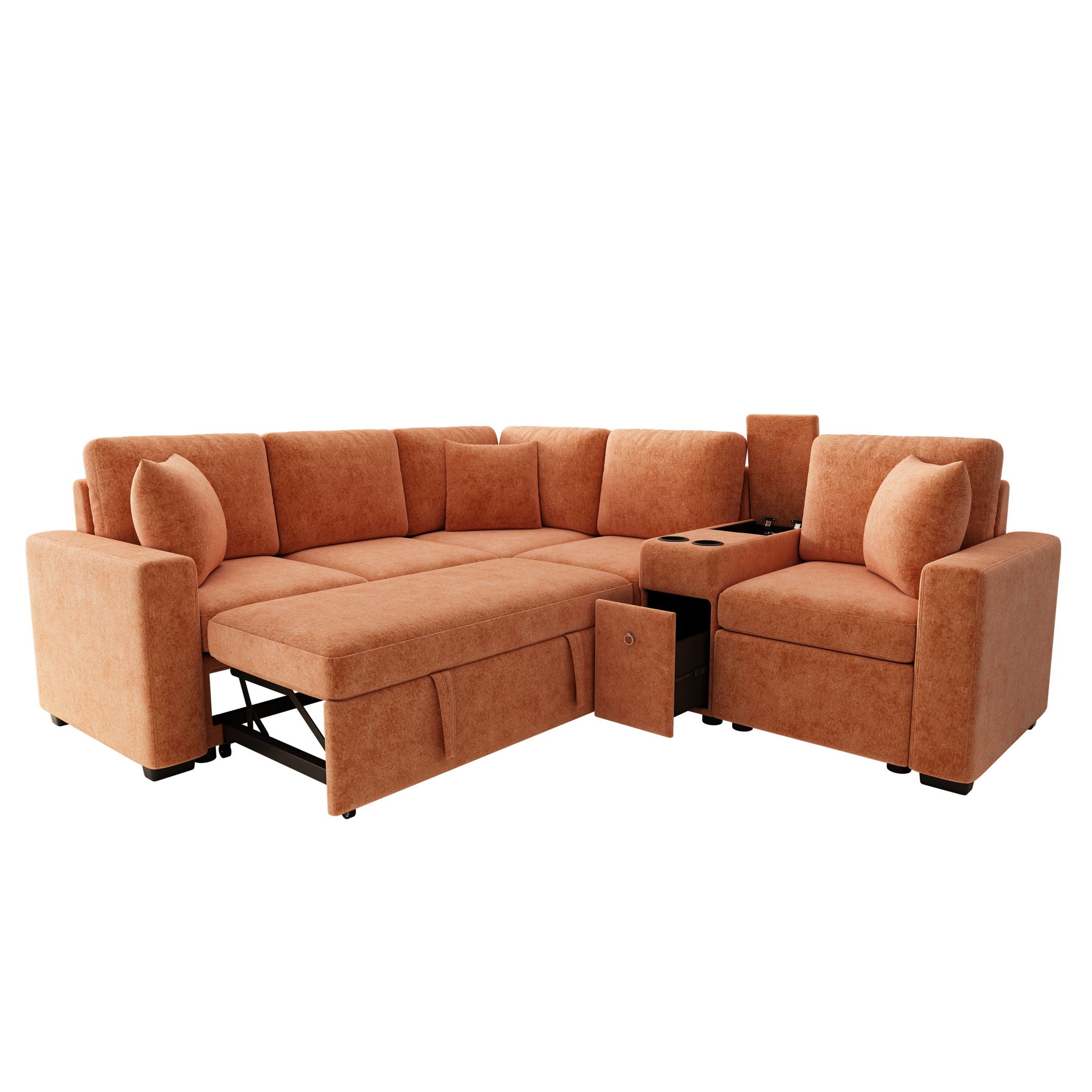 Modular L-Shaped Sectional Sofa Bed With Pull-Out Sleeper, Cup Holders, And Storage