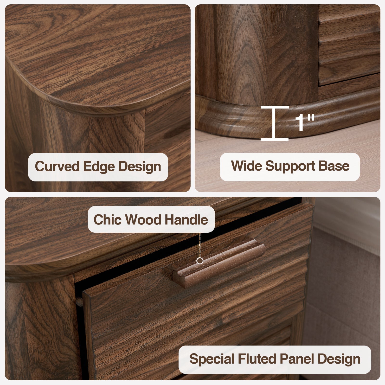 22" Wide Fluted Nightstand with Charging Station