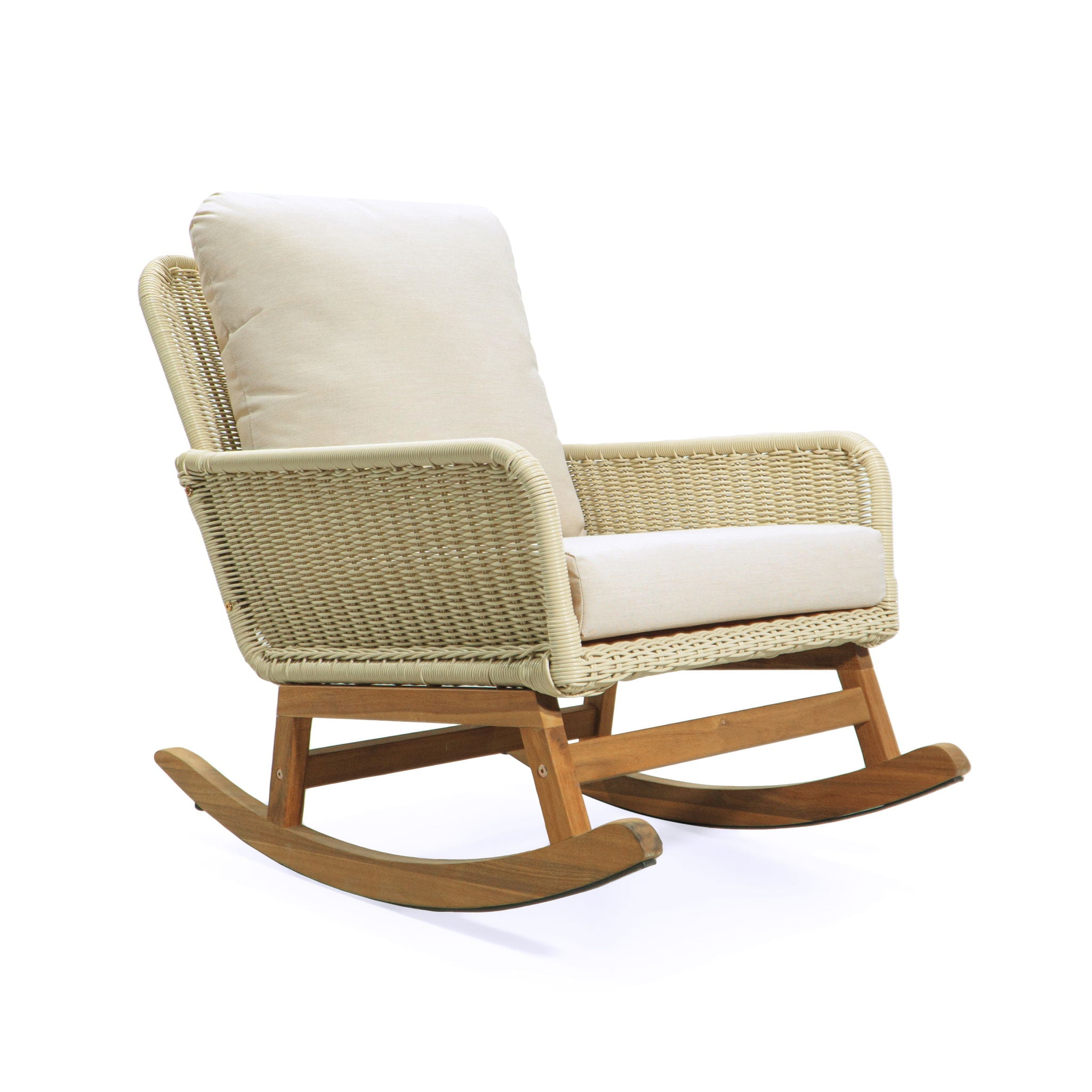 Cushioned Rattan Rocking Chairs With Wooden Accent Table Modern 3 Piece Outdoor Seating Set For Patio Relaxation - Ivory