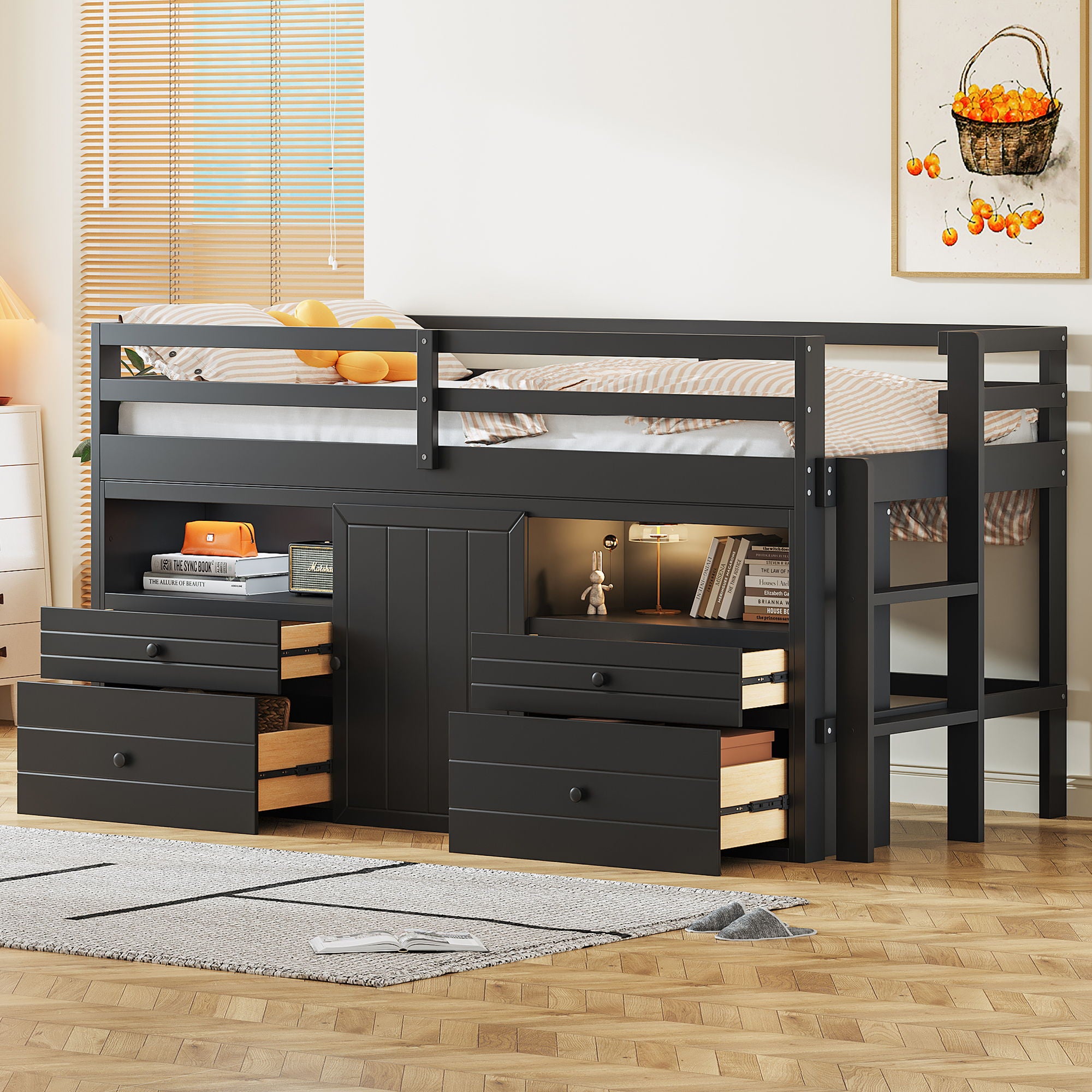 Loft Bed With 4 Drawers, Underneath Cabinet And Shelves